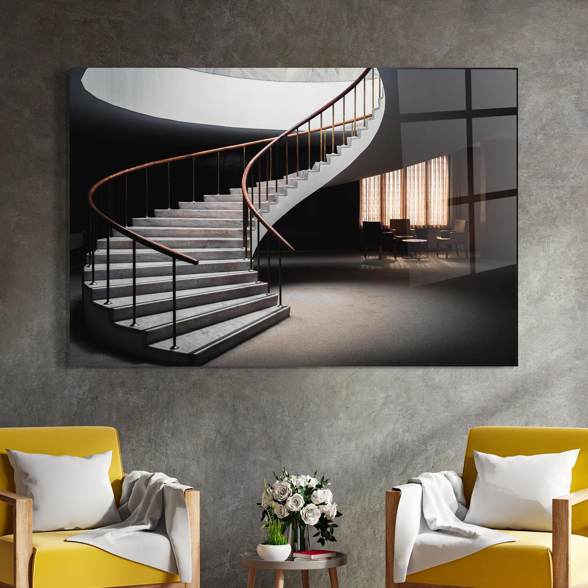 Tablou Sticla Dark Room Stairs mockup 4