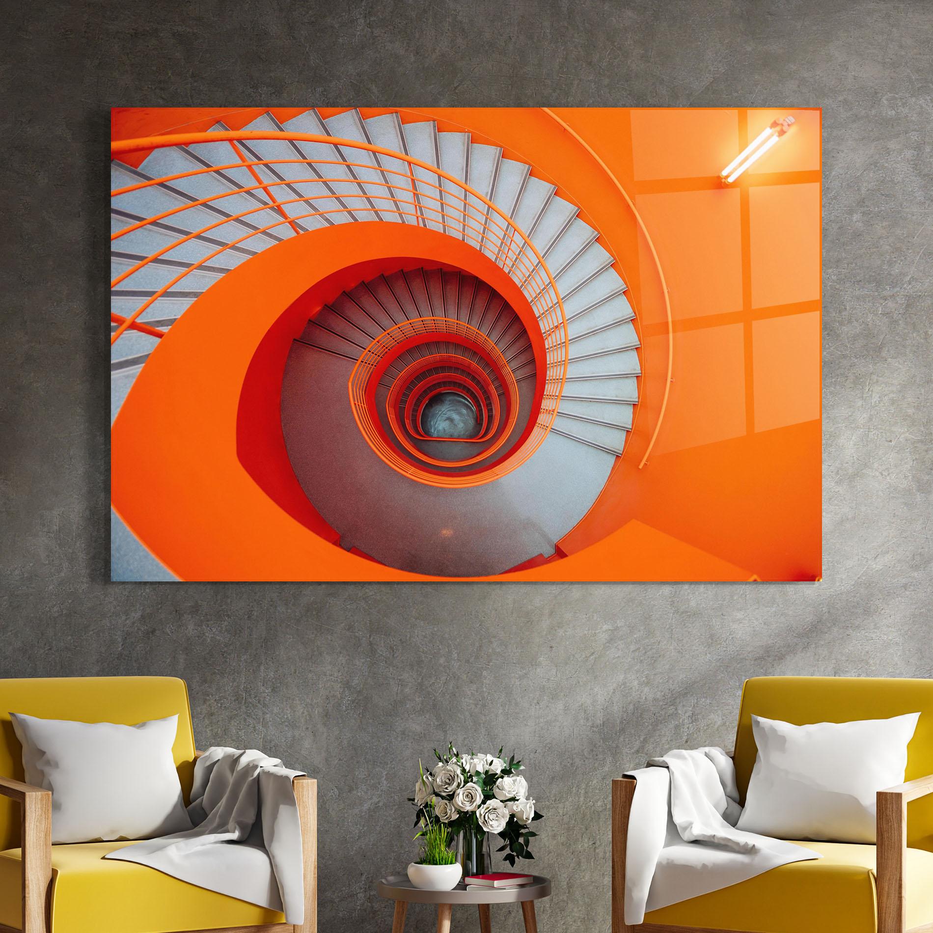 Tablou Sticla Grey Orange Stairs mockup 4