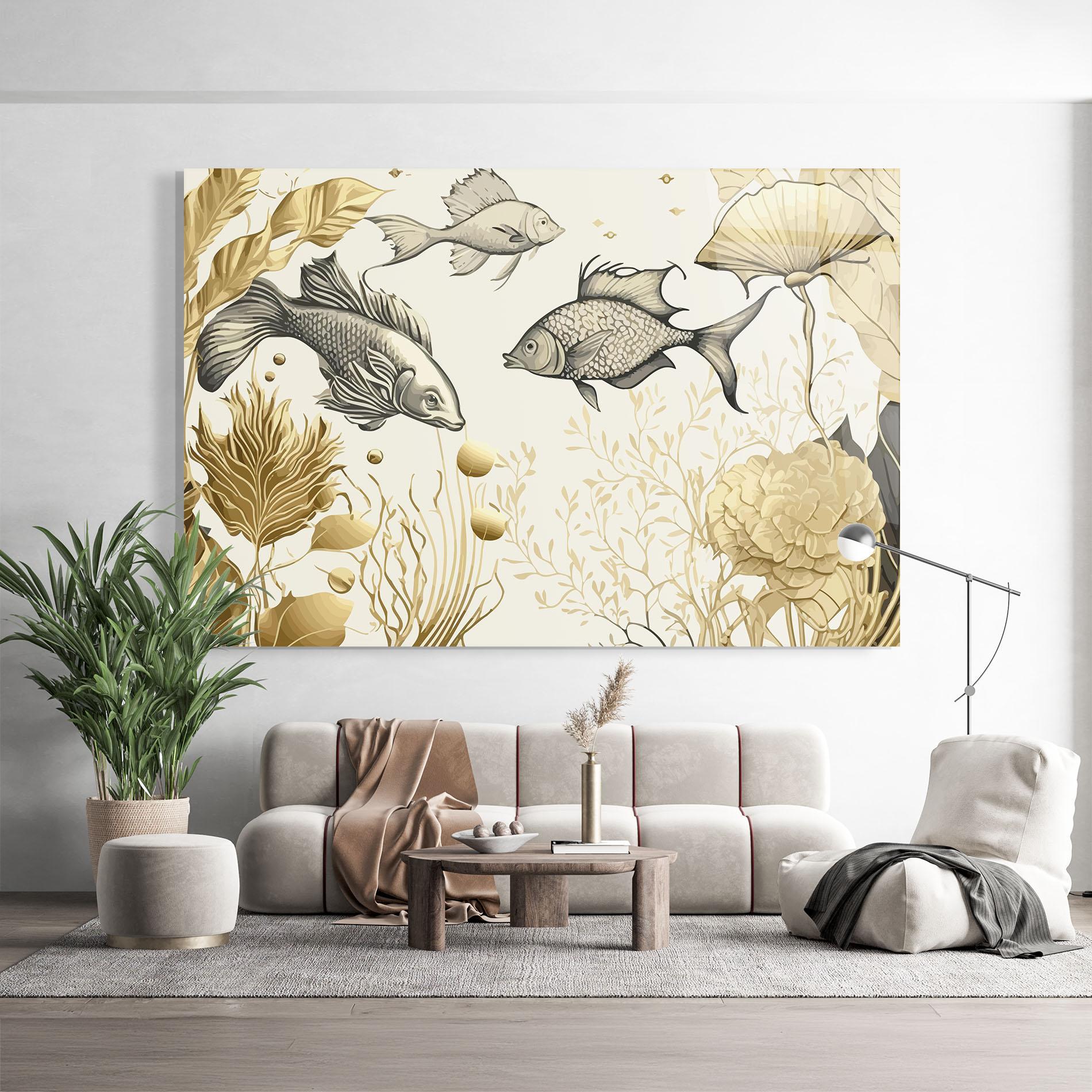 Tablou Sticla Grey Gold Fish mockup 9