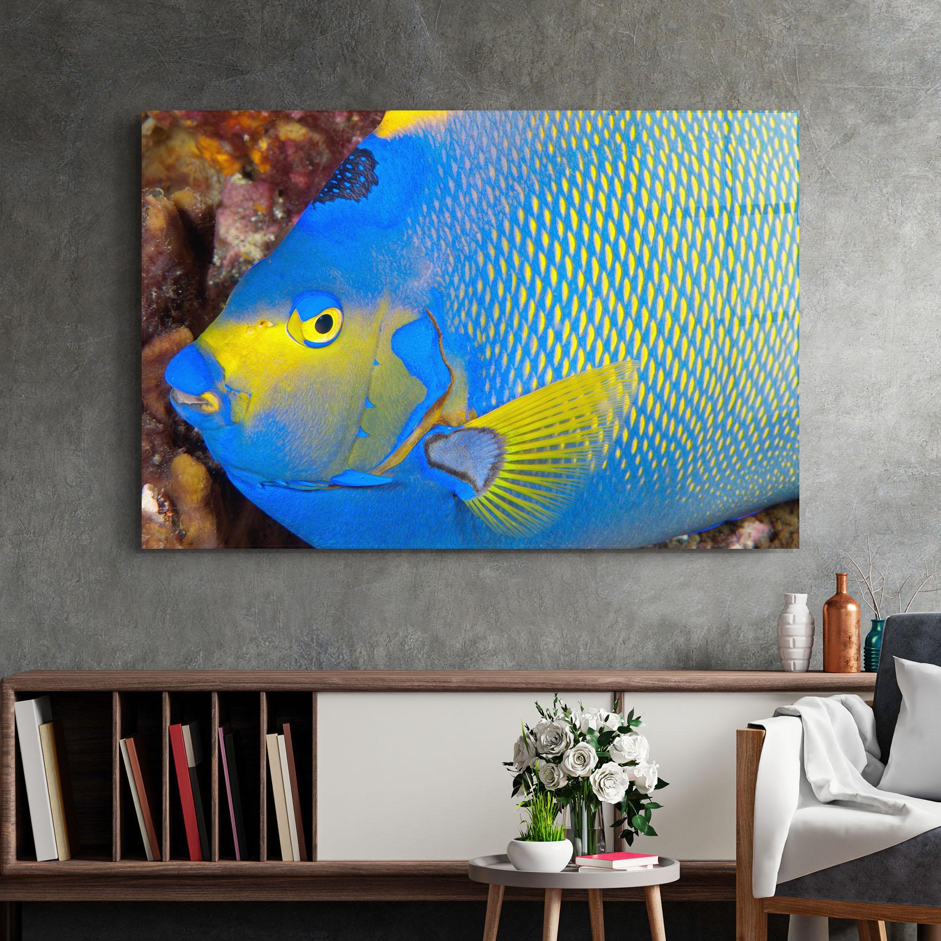 Tablou Sticla Blue Yellow Fish mockup 2