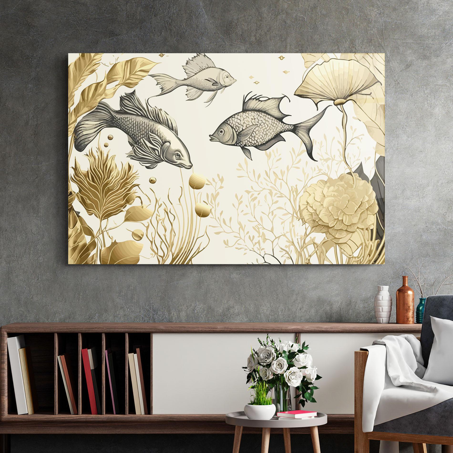 Tablou Sticla Grey Gold Fish mockup 2