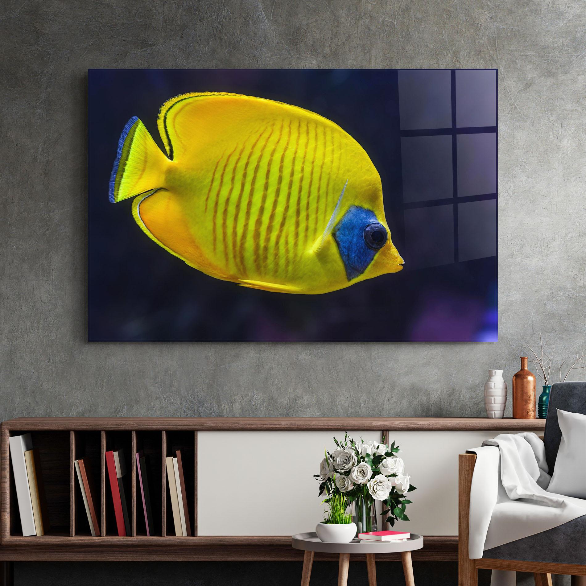 Tablou Sticla Yellow Blue Fish mockup 2