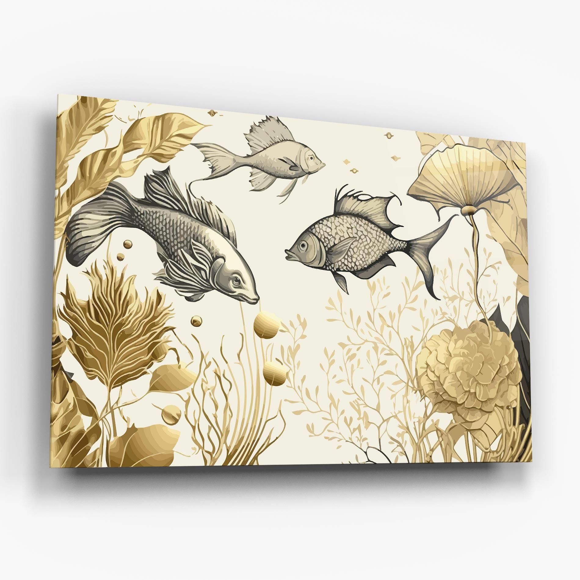 Tablou Sticla Grey Gold Fish mockup 6