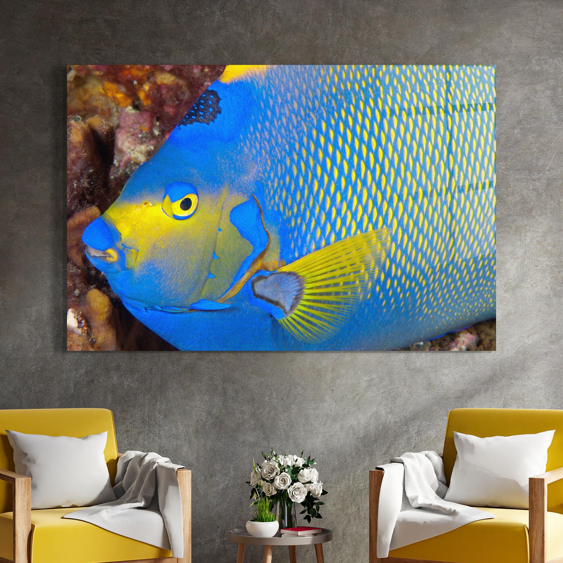 Tablou Sticla Blue Yellow Fish mockup 4