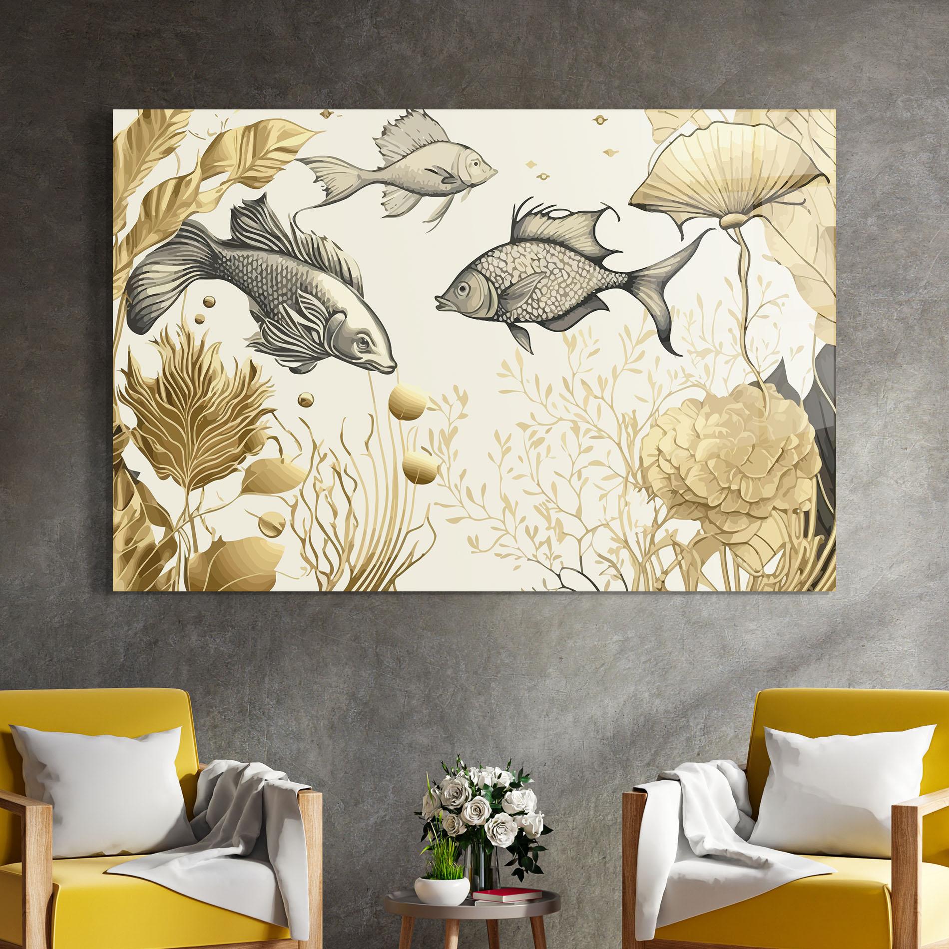 Tablou Sticla Grey Gold Fish mockup 4
