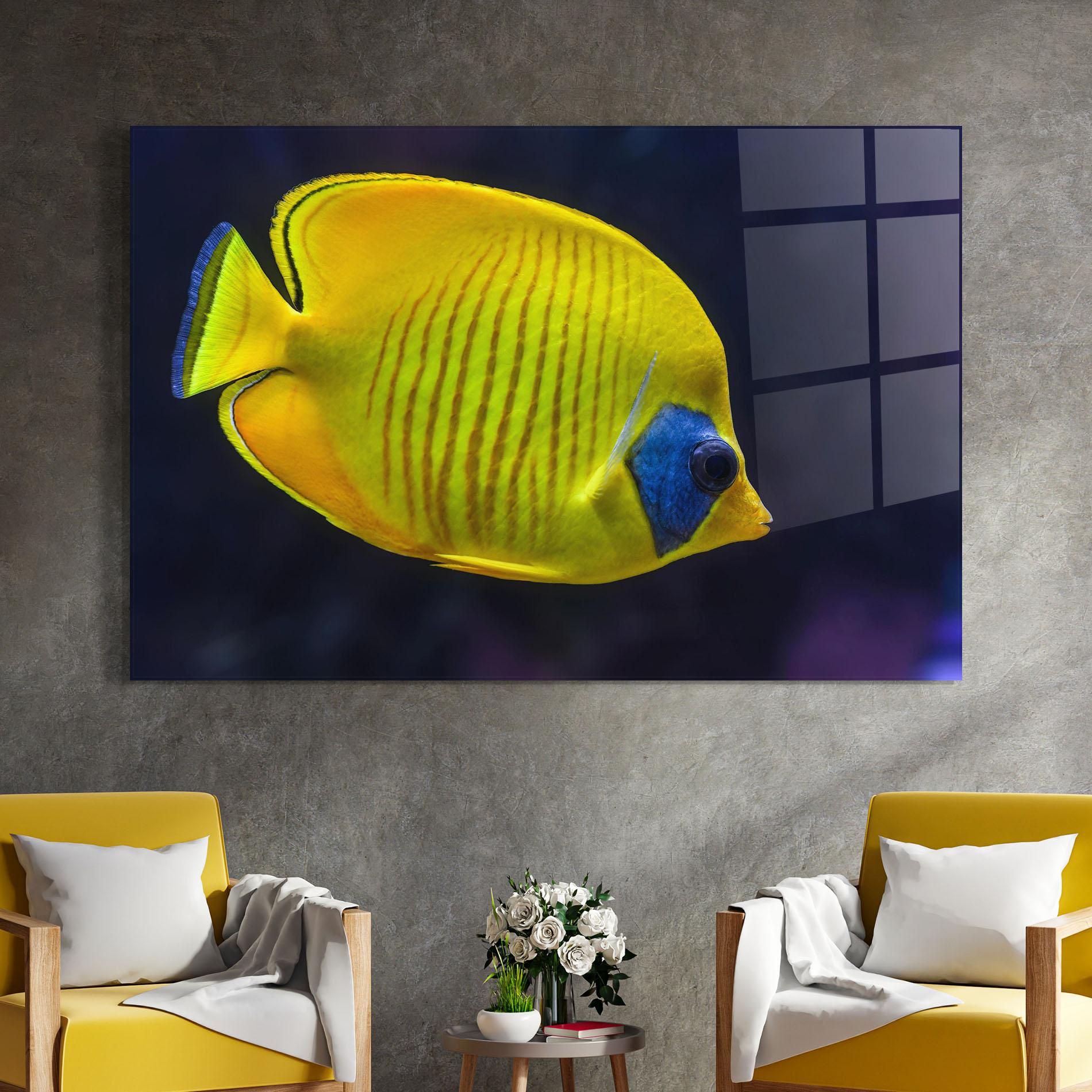Tablou Sticla Yellow Blue Fish mockup 4
