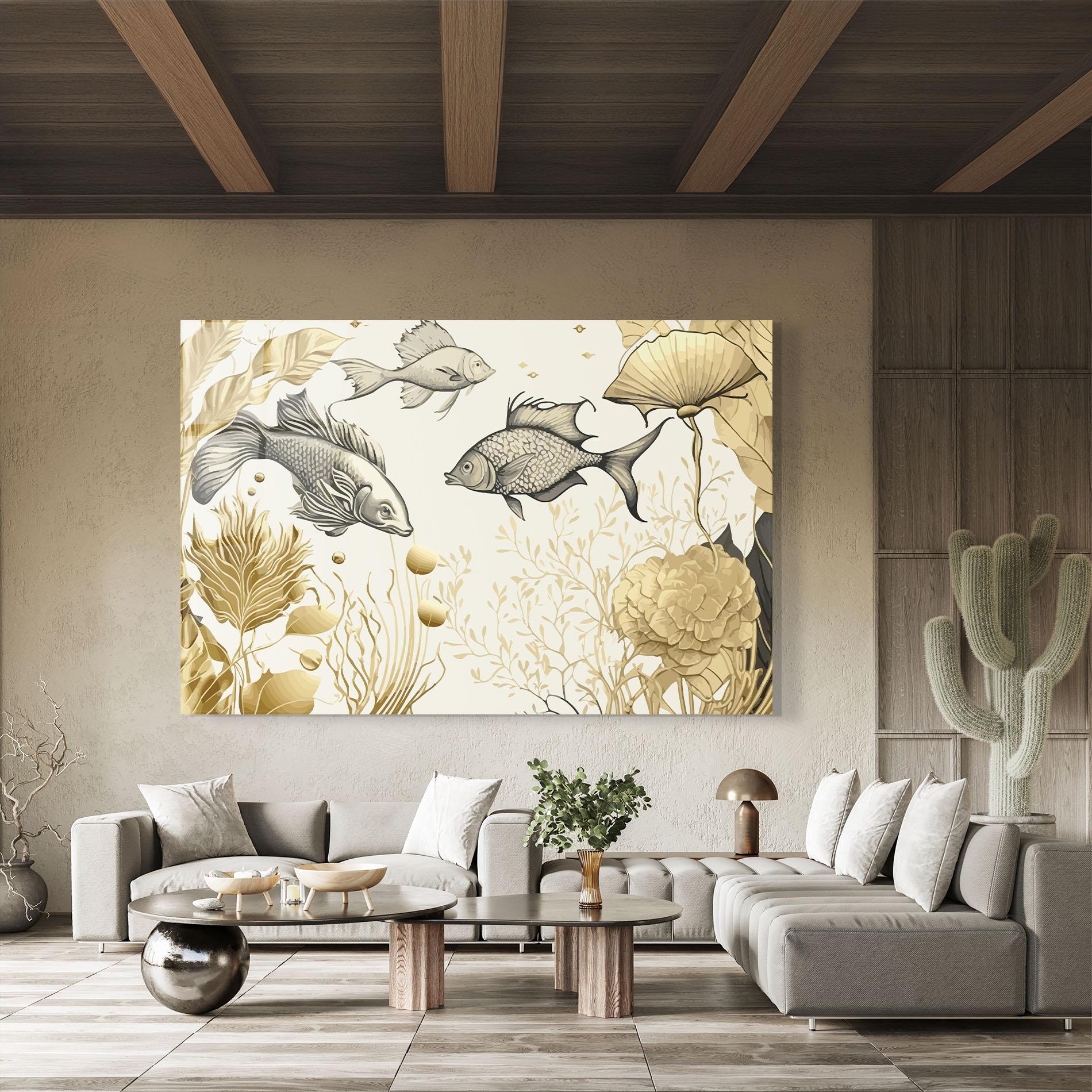 Tablou Sticla Grey Gold Fish mockup 8