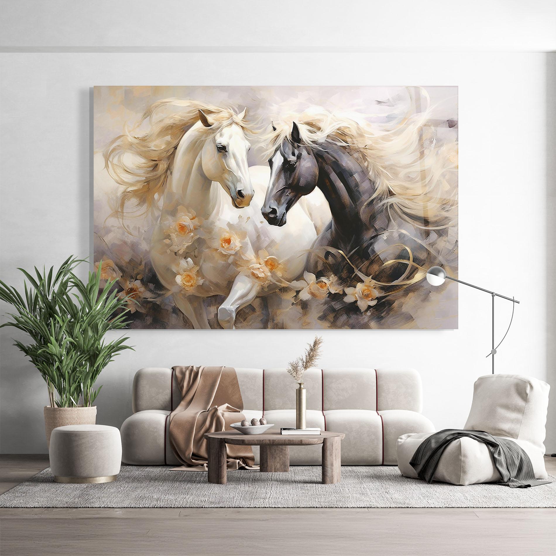 Tablou Sticla Black And White Horses mockup 9