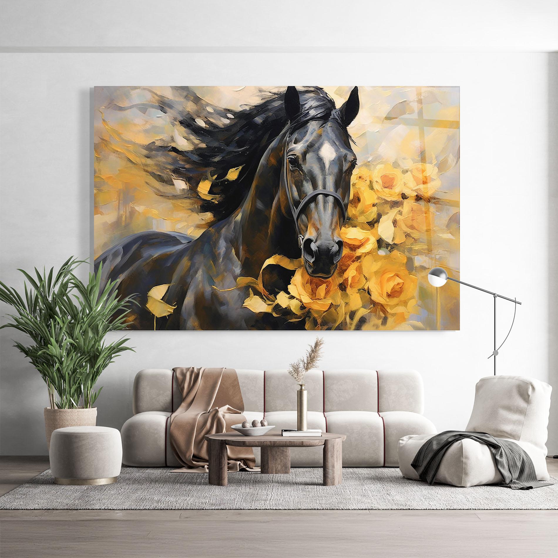 Tablou Sticla Yellow Roses Horse mockup 9