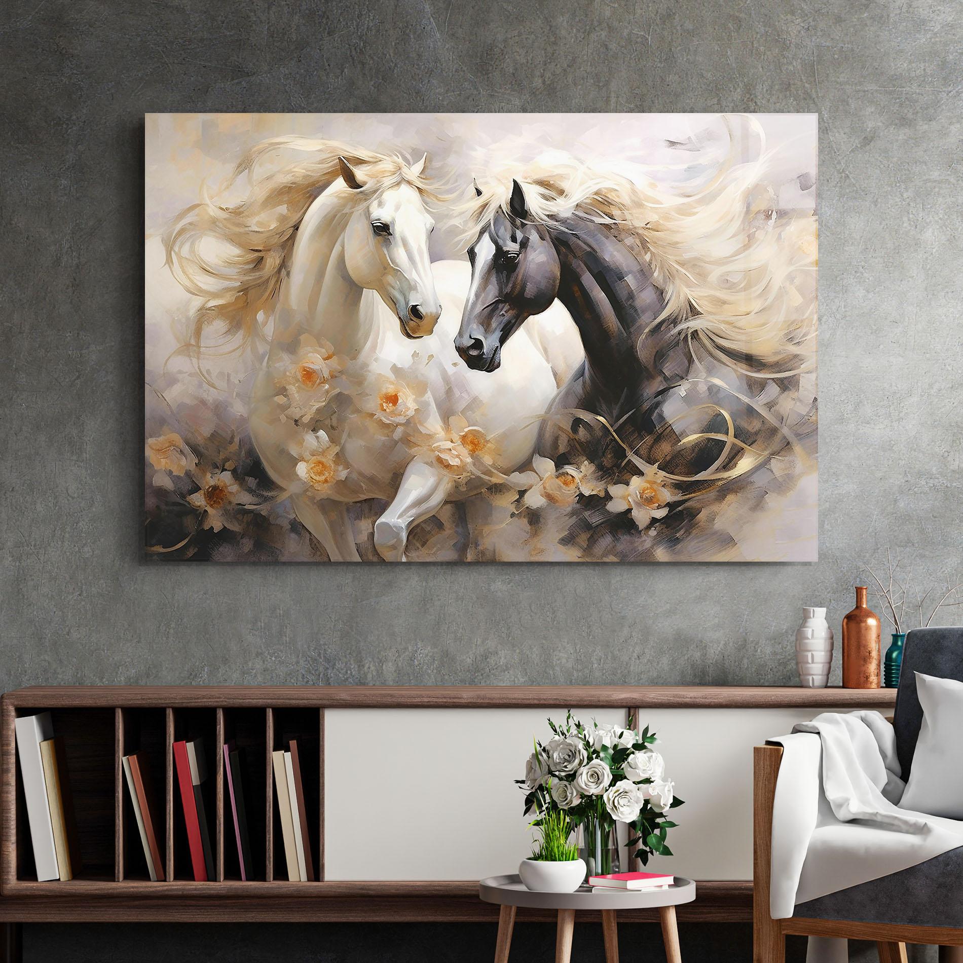 Tablou Sticla Black And White Horses mockup 2