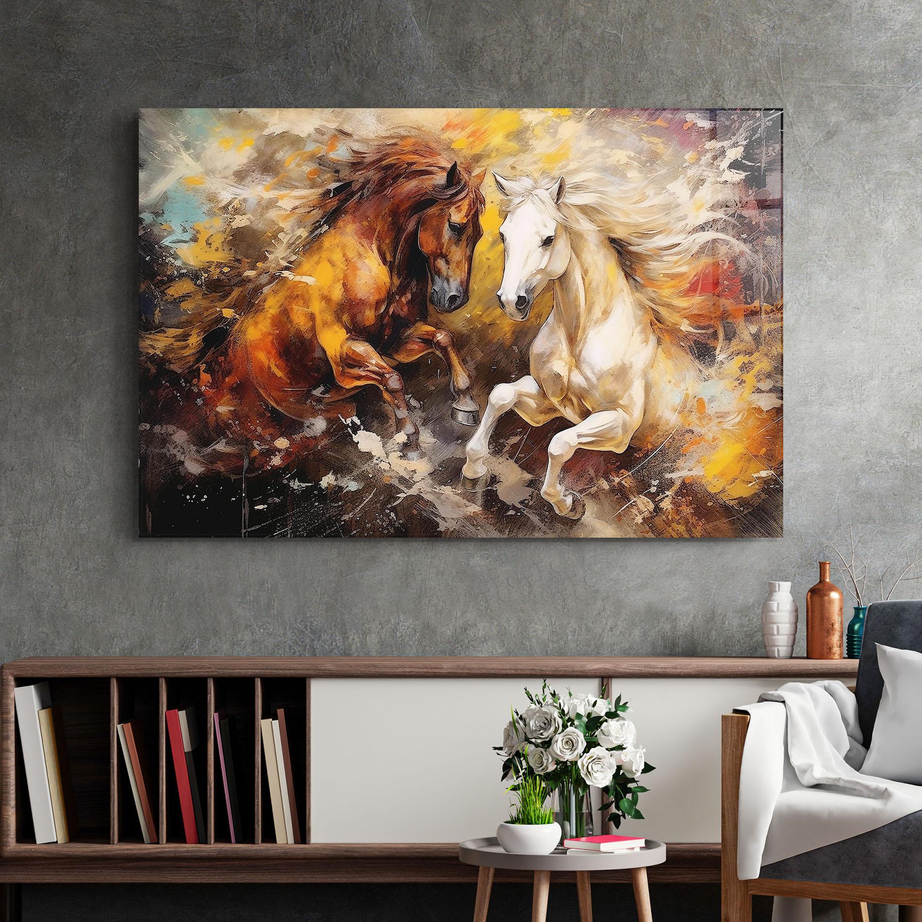 Tablou Sticla Brown White Horses mockup 2