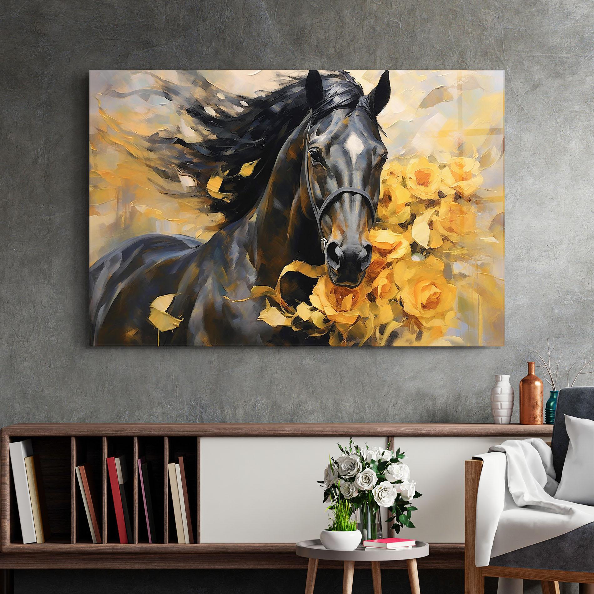 Tablou Sticla Yellow Roses Horse mockup 2