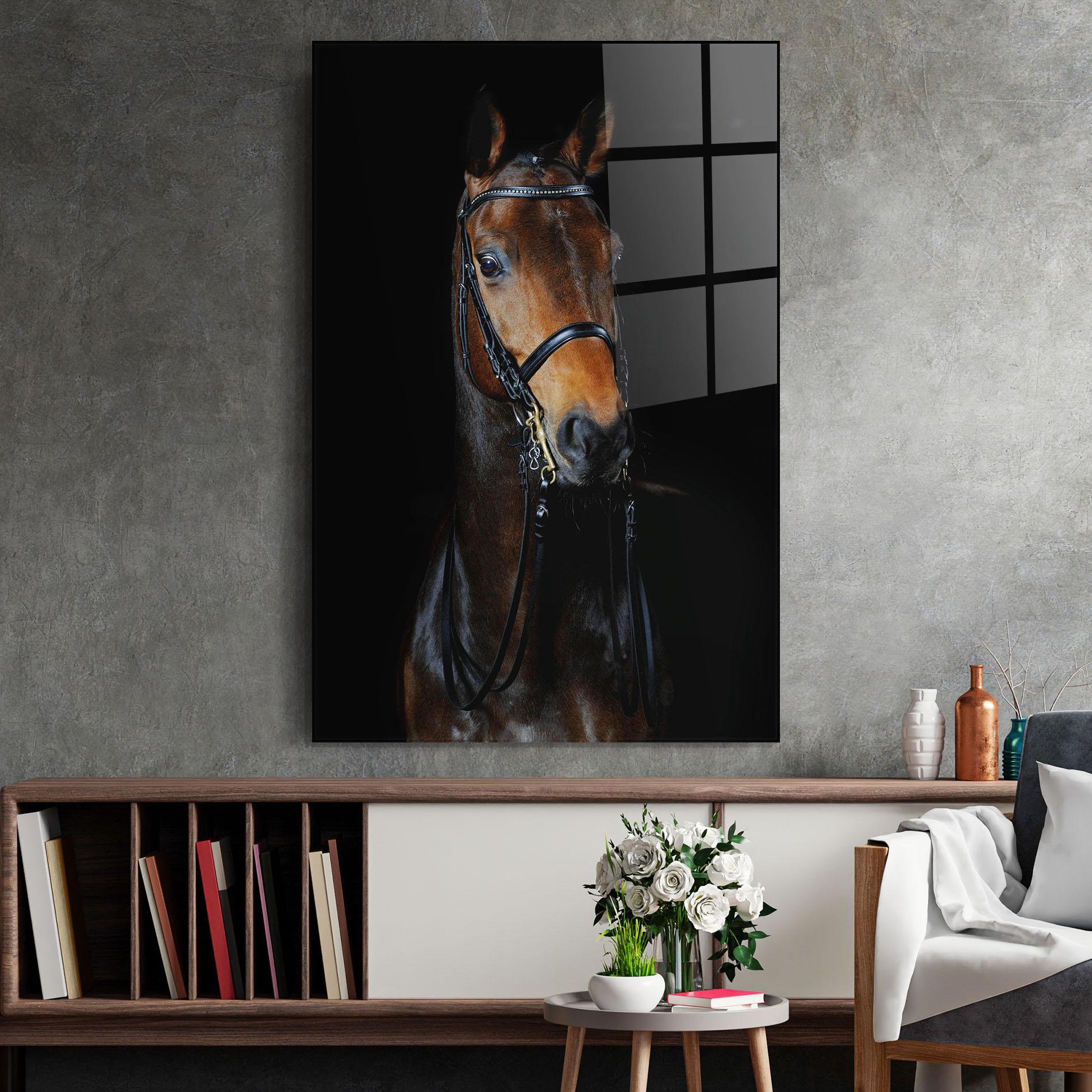 Tablou Sticla Brown Horse On Black mockup 2
