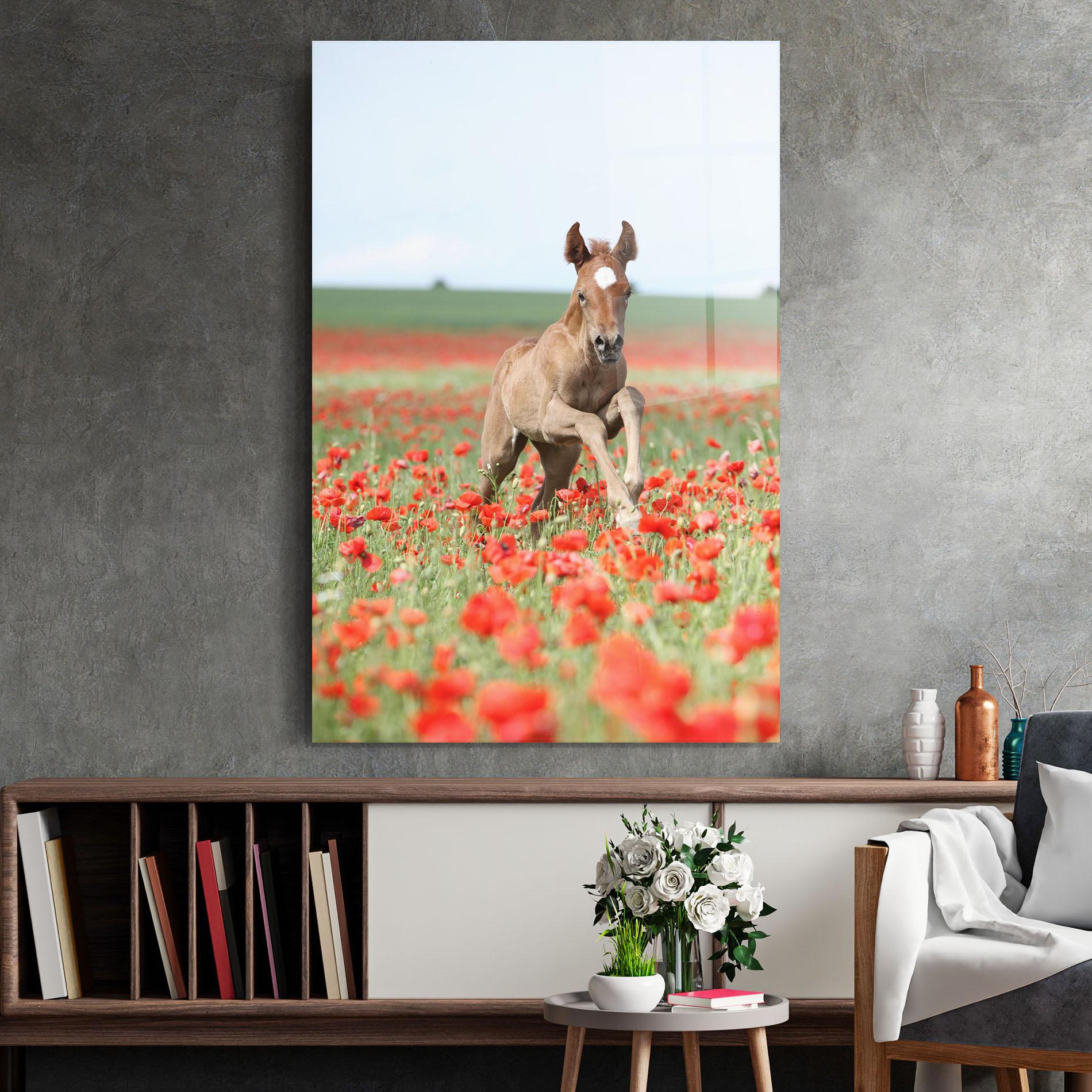 Tablou Sticla Red Flowers Horse mockup 2