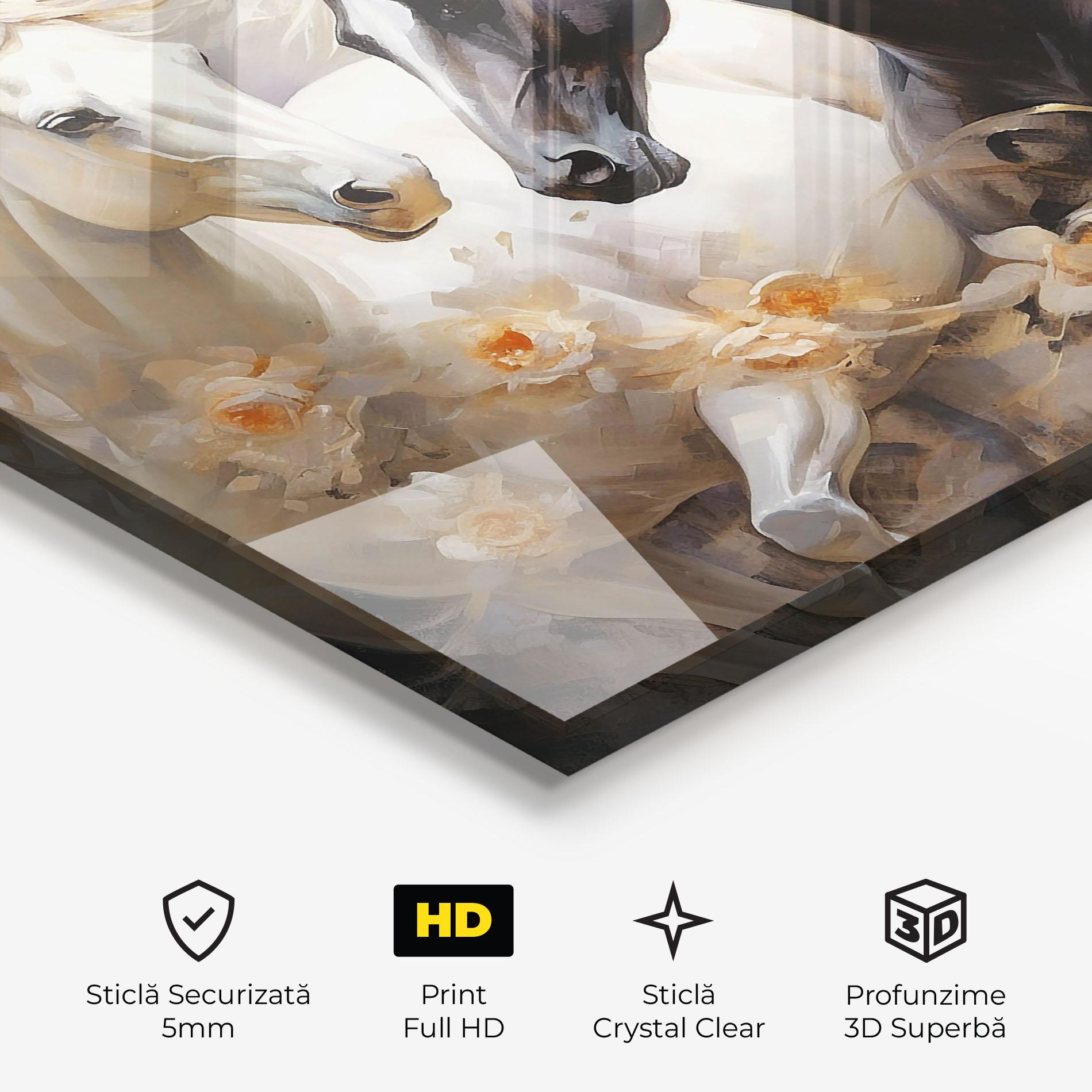 Tablou Sticla Black And White Horses mockup 3