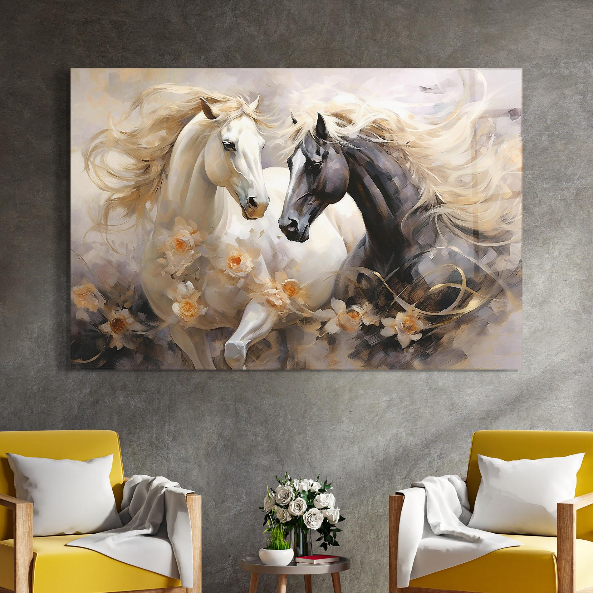 Tablou Sticla Black And White Horses mockup 4