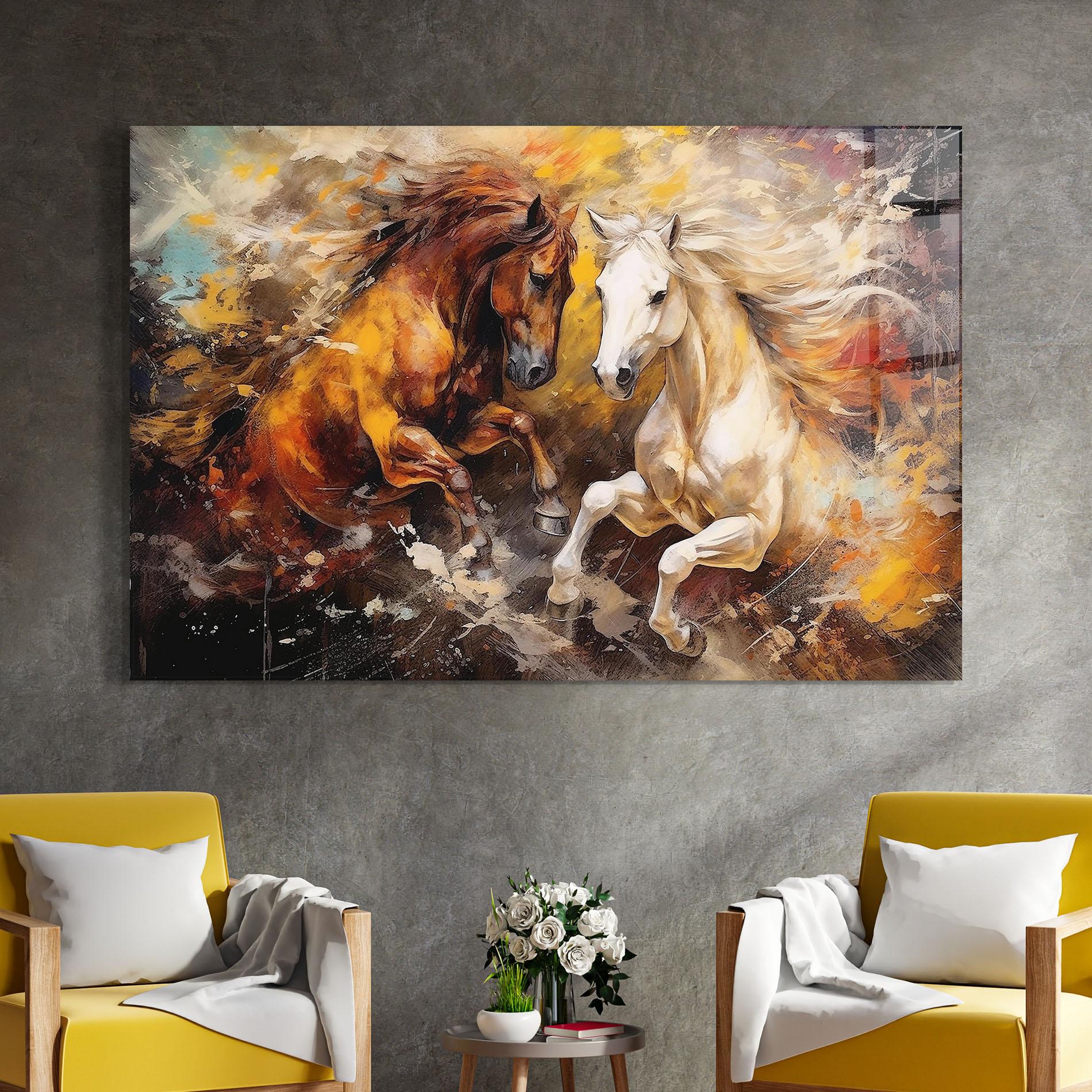 Tablou Sticla Brown White Horses mockup 4