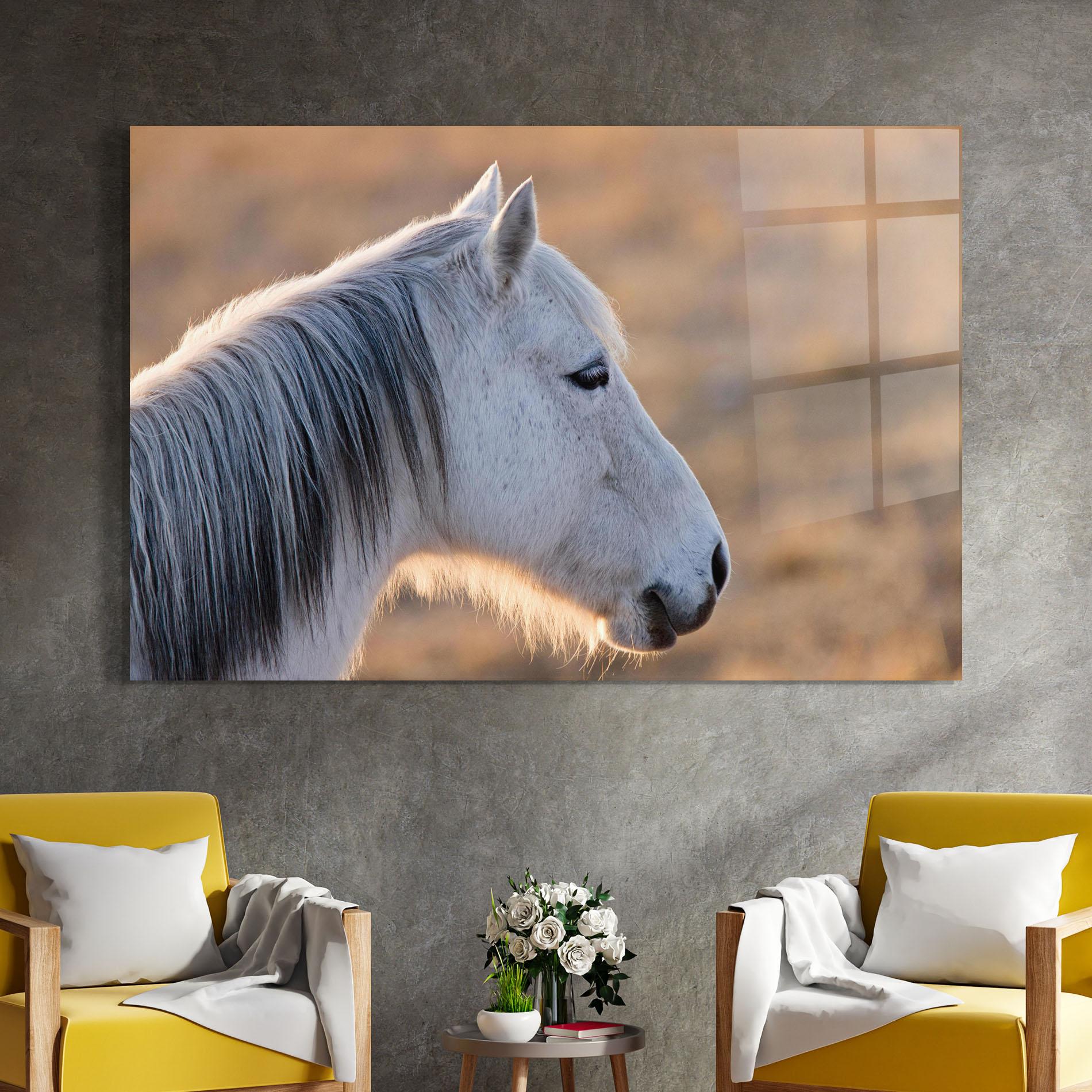 Tablou Sticla Light Gray Horse Looking mockup 4
