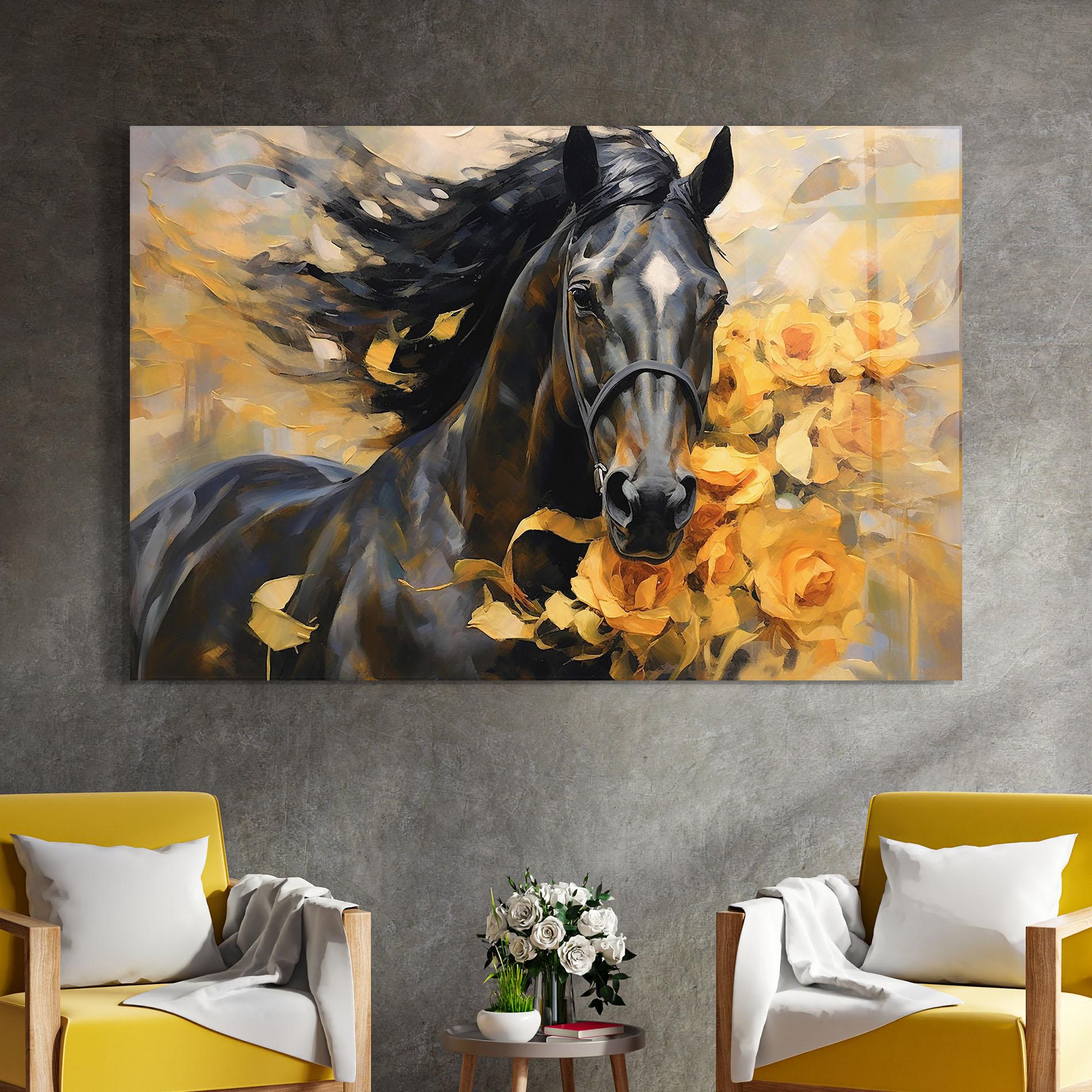 Tablou Sticla Yellow Roses Horse mockup 4