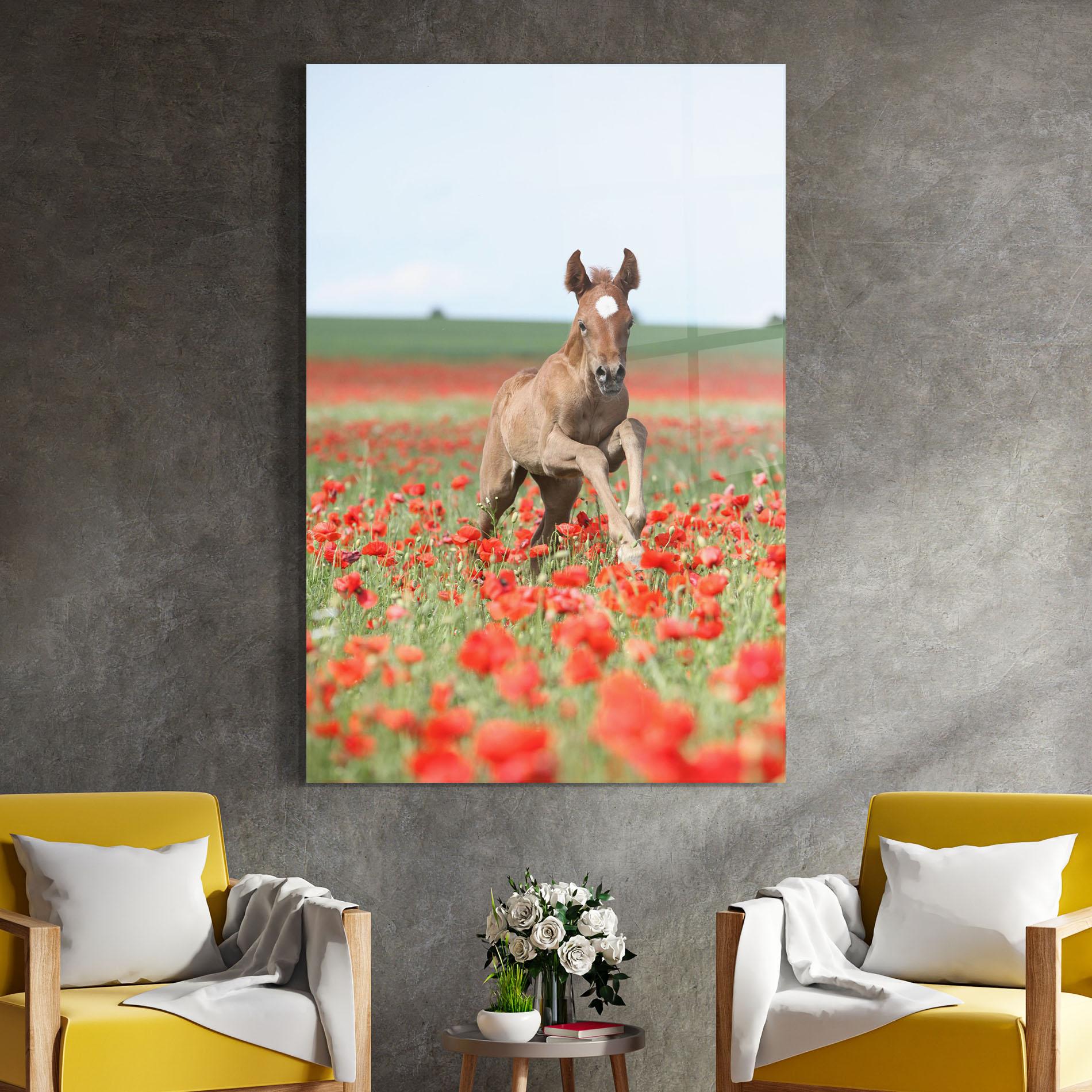Tablou Sticla Red Flowers Horse mockup 4