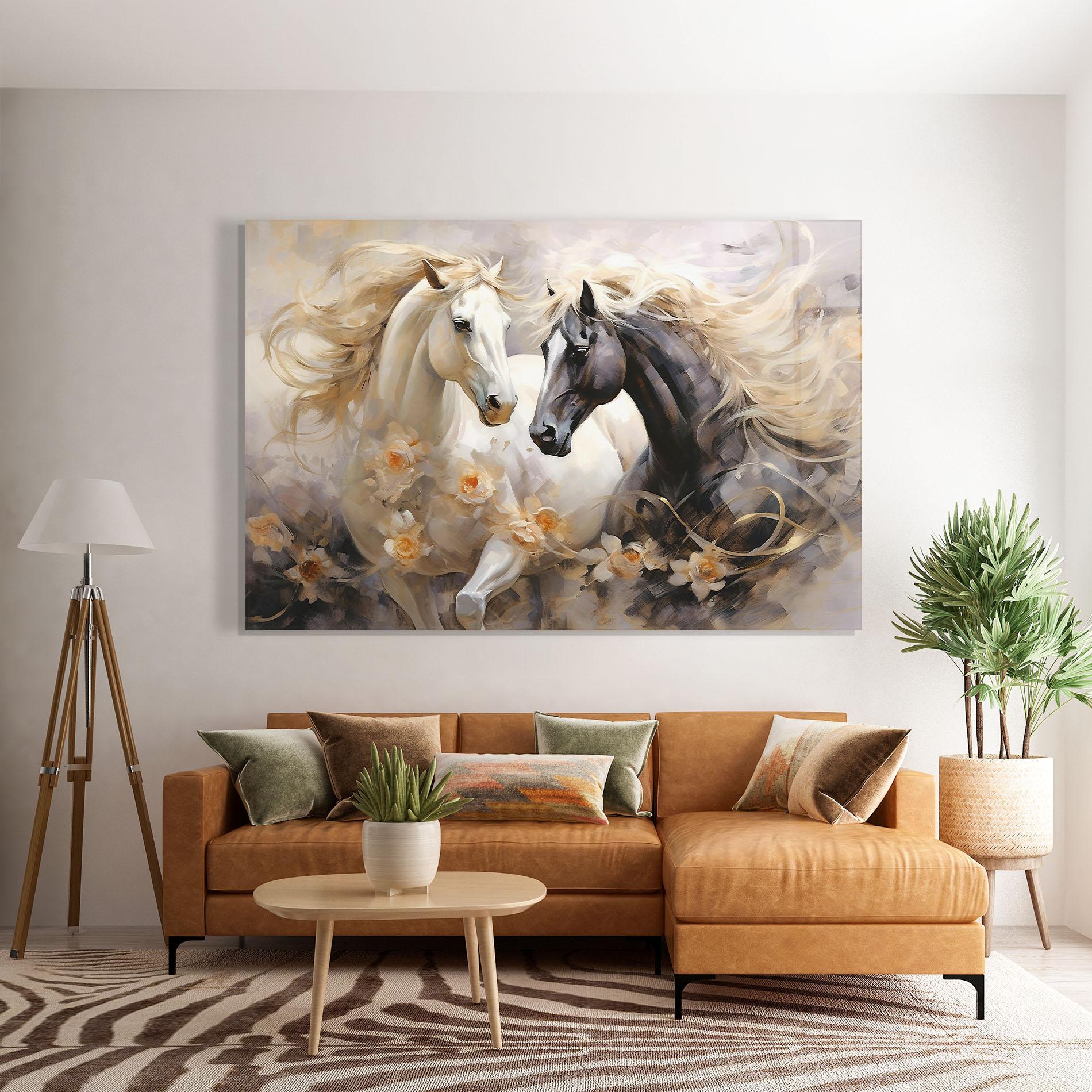 Tablou Sticla Black And White Horses mockup 7