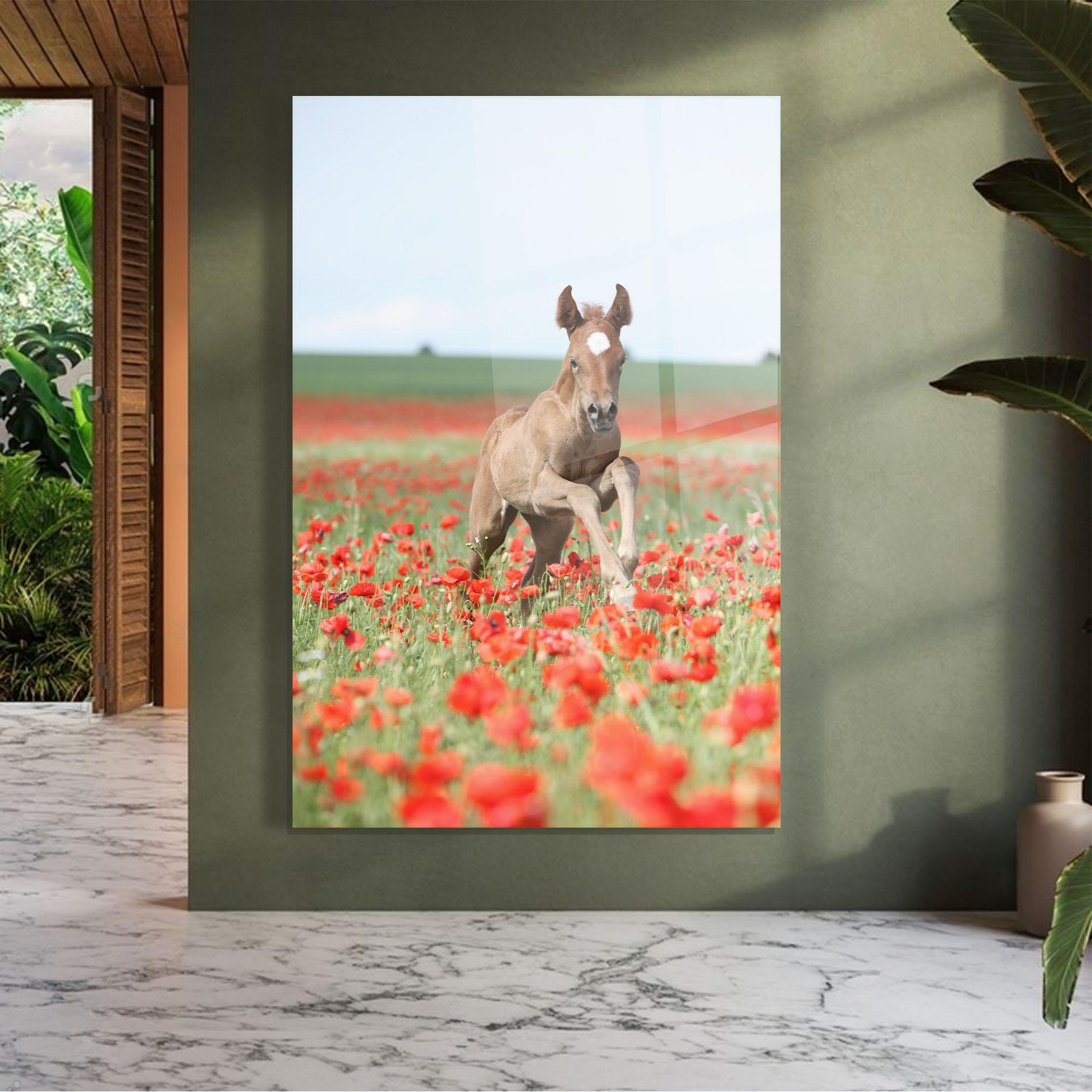 Tablou Sticla Red Flowers Horse mockup 7