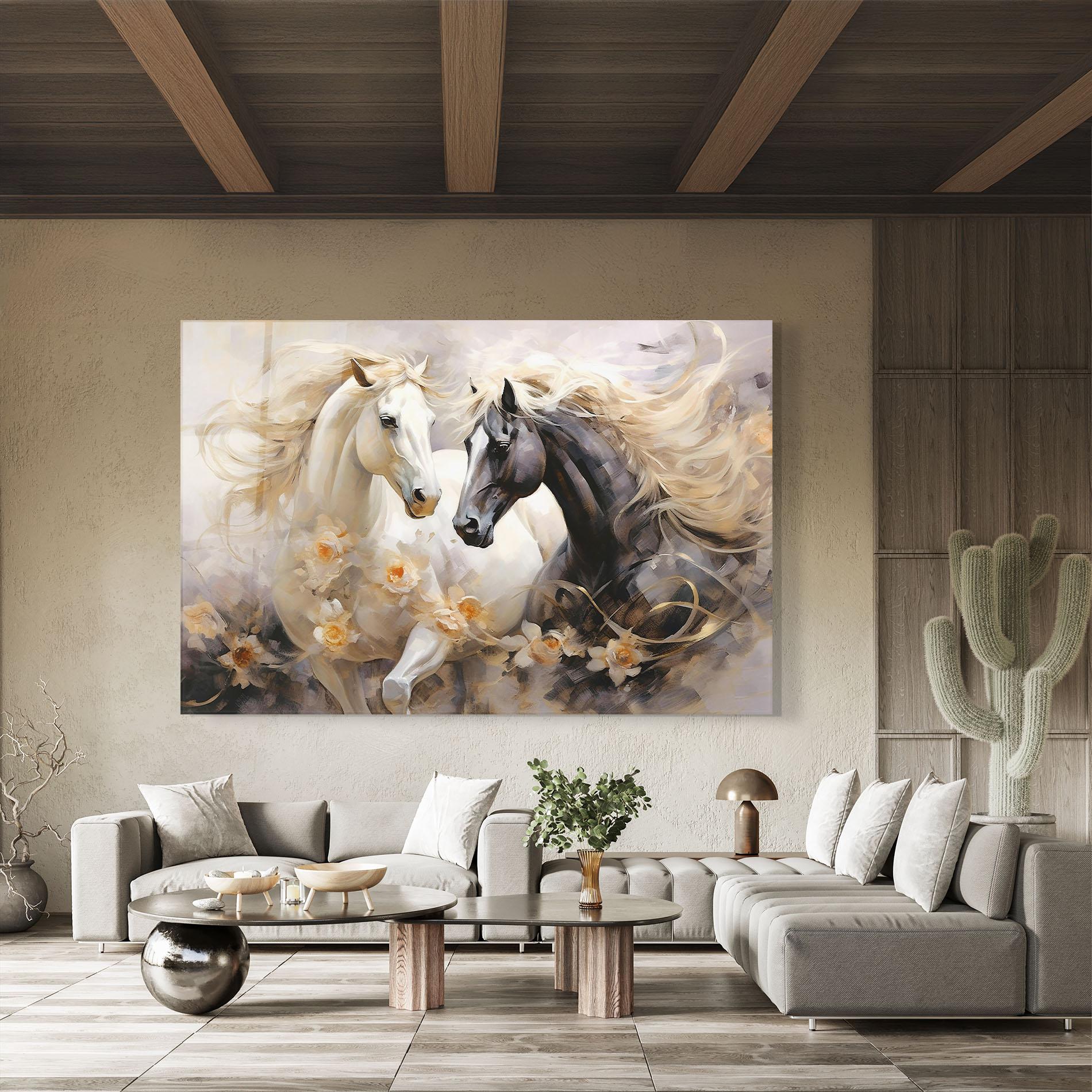 Tablou Sticla Black And White Horses mockup 8
