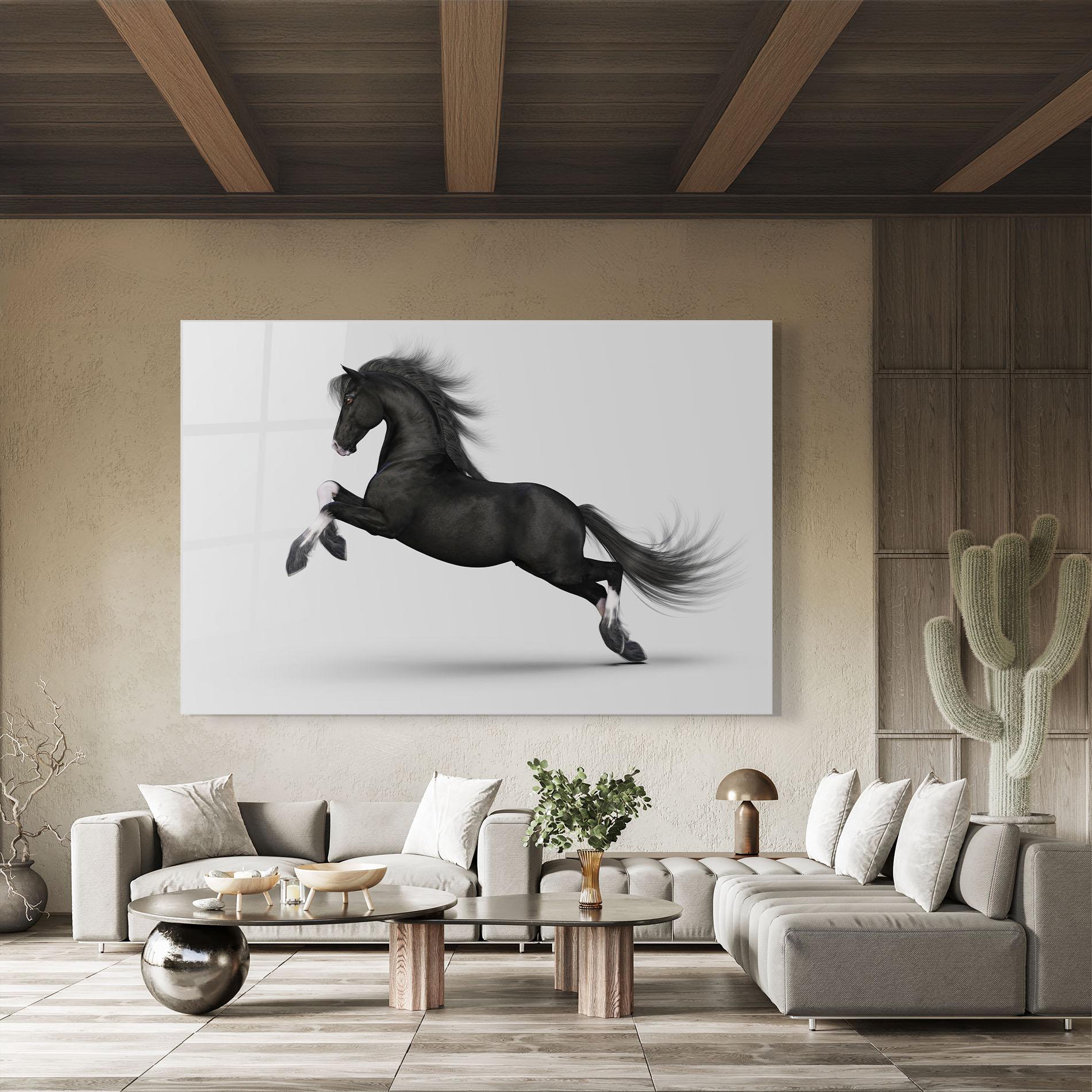 Tablou Sticla Black Horse Galloping mockup 8