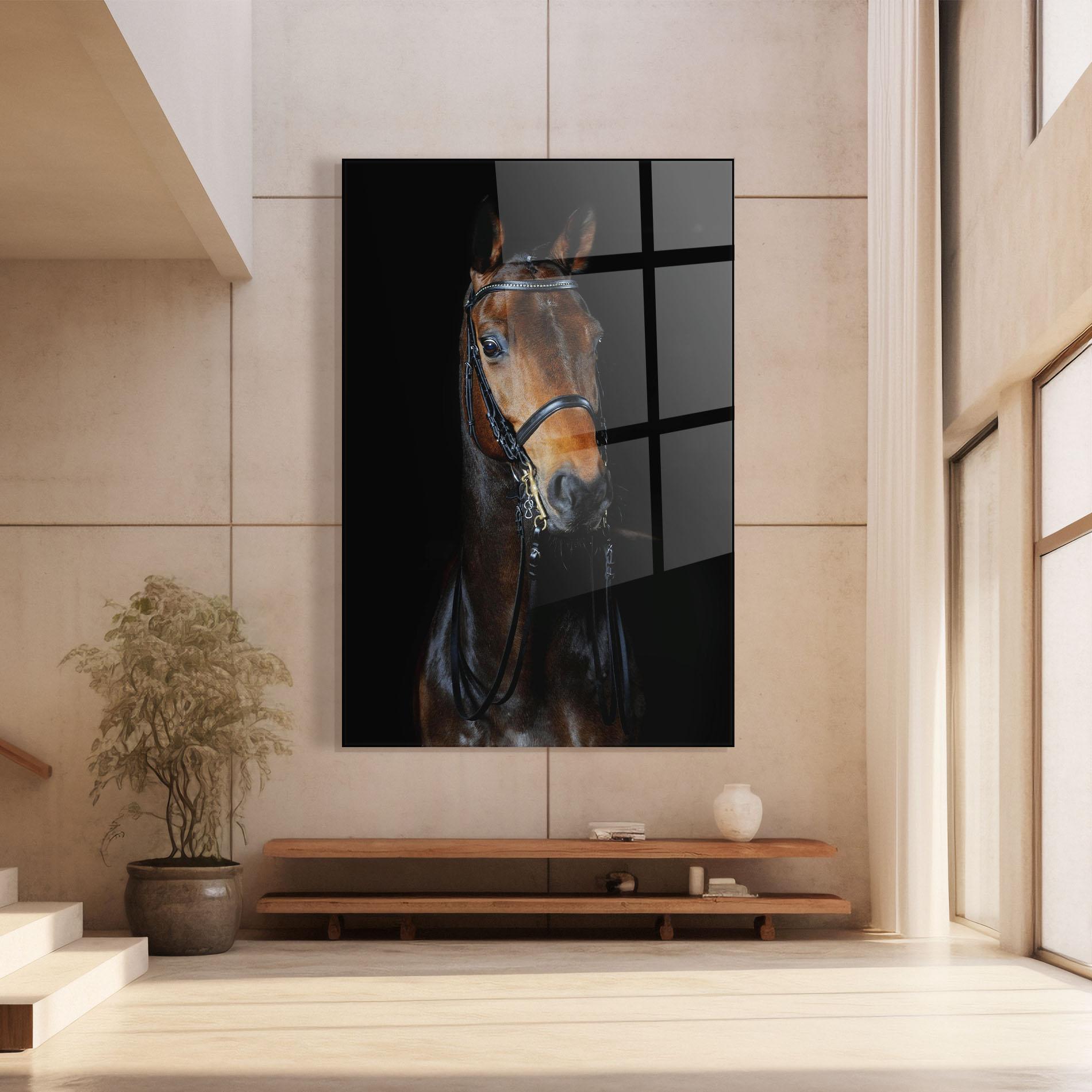 Tablou Sticla Brown Horse On Black mockup 8