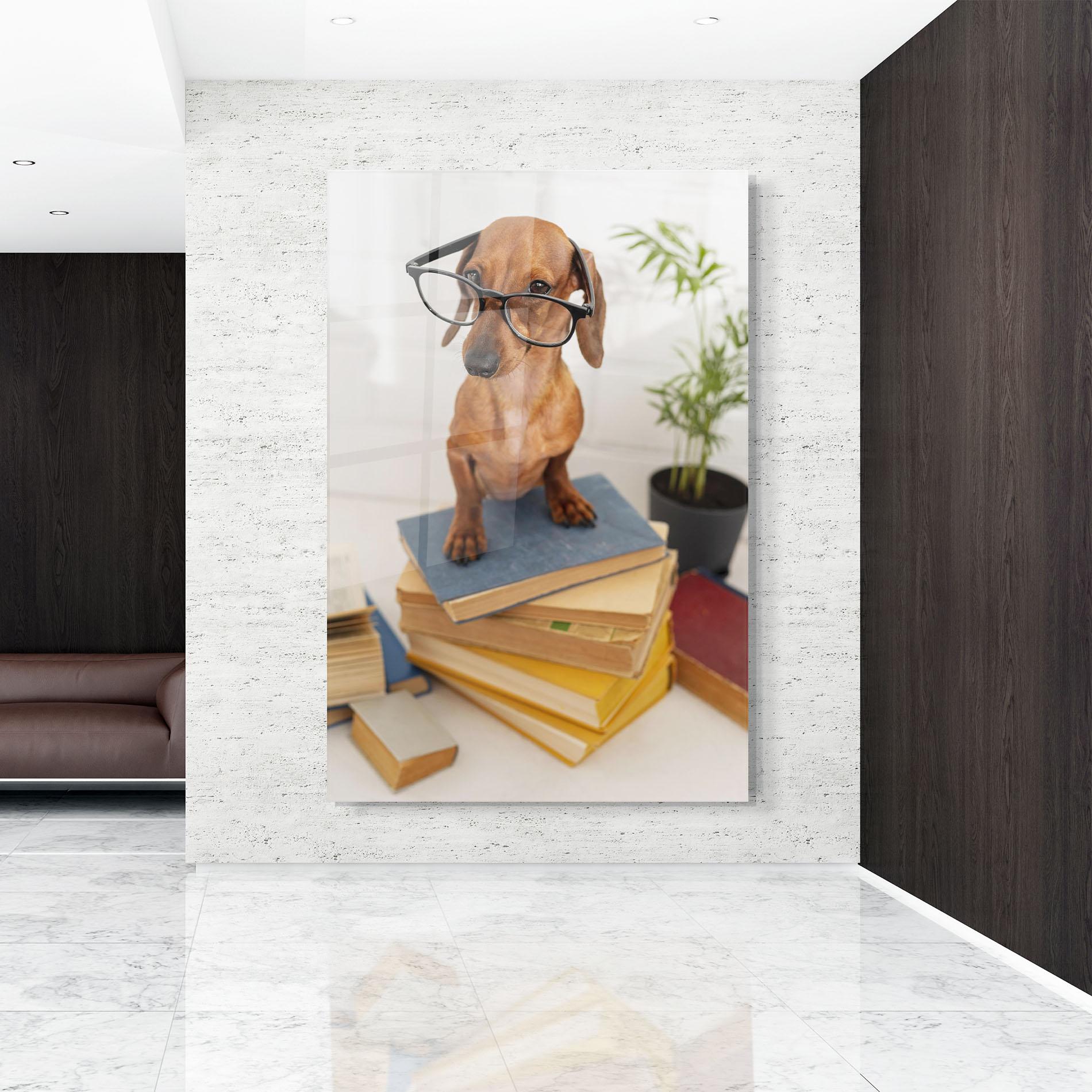 Tablou Sticla Books Cute Dog mockup 9