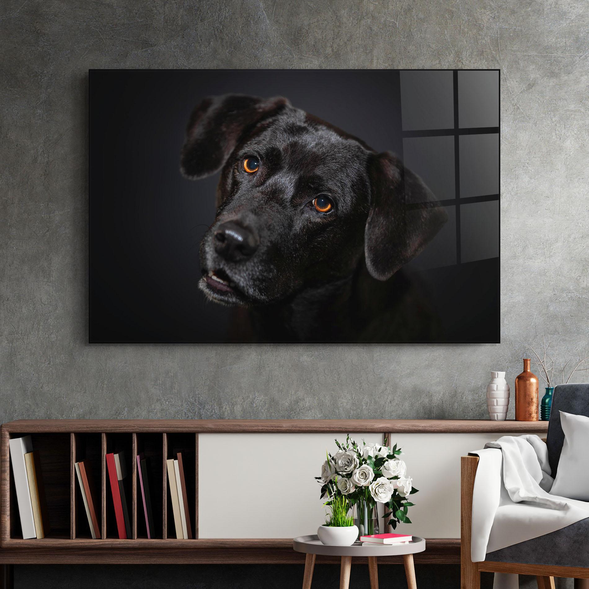 Tablou Sticla Black Dog Portrait mockup 2