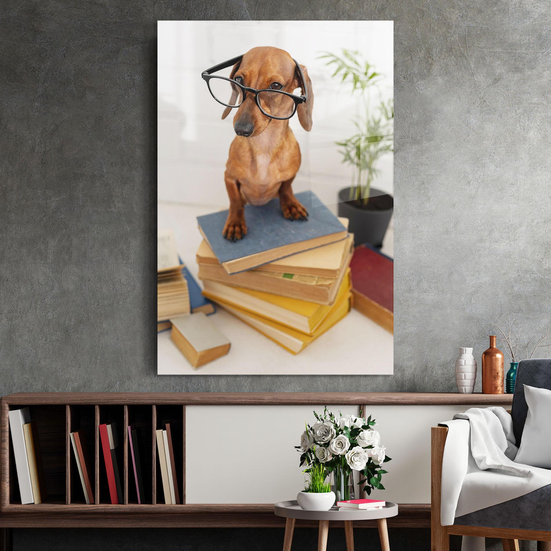 Tablou Sticla Books Cute Dog mockup 2