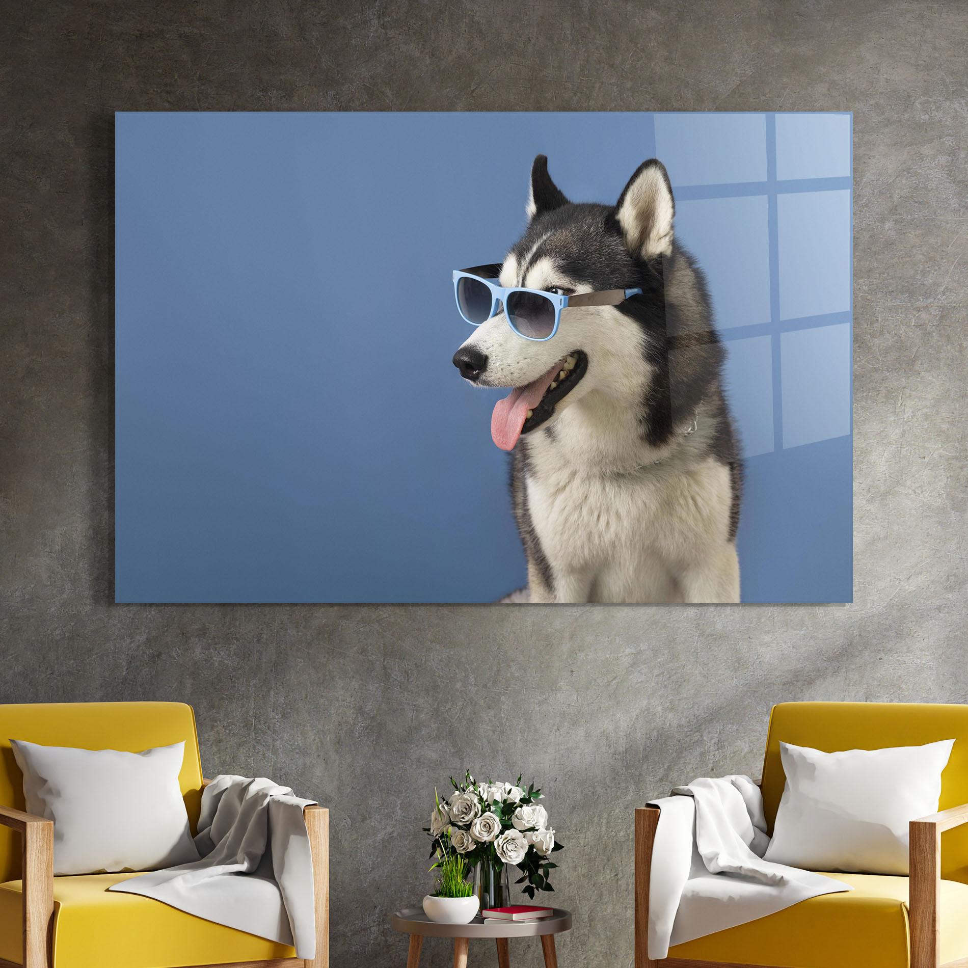 Tablou Sticla Blue Glasses Dog mockup 4