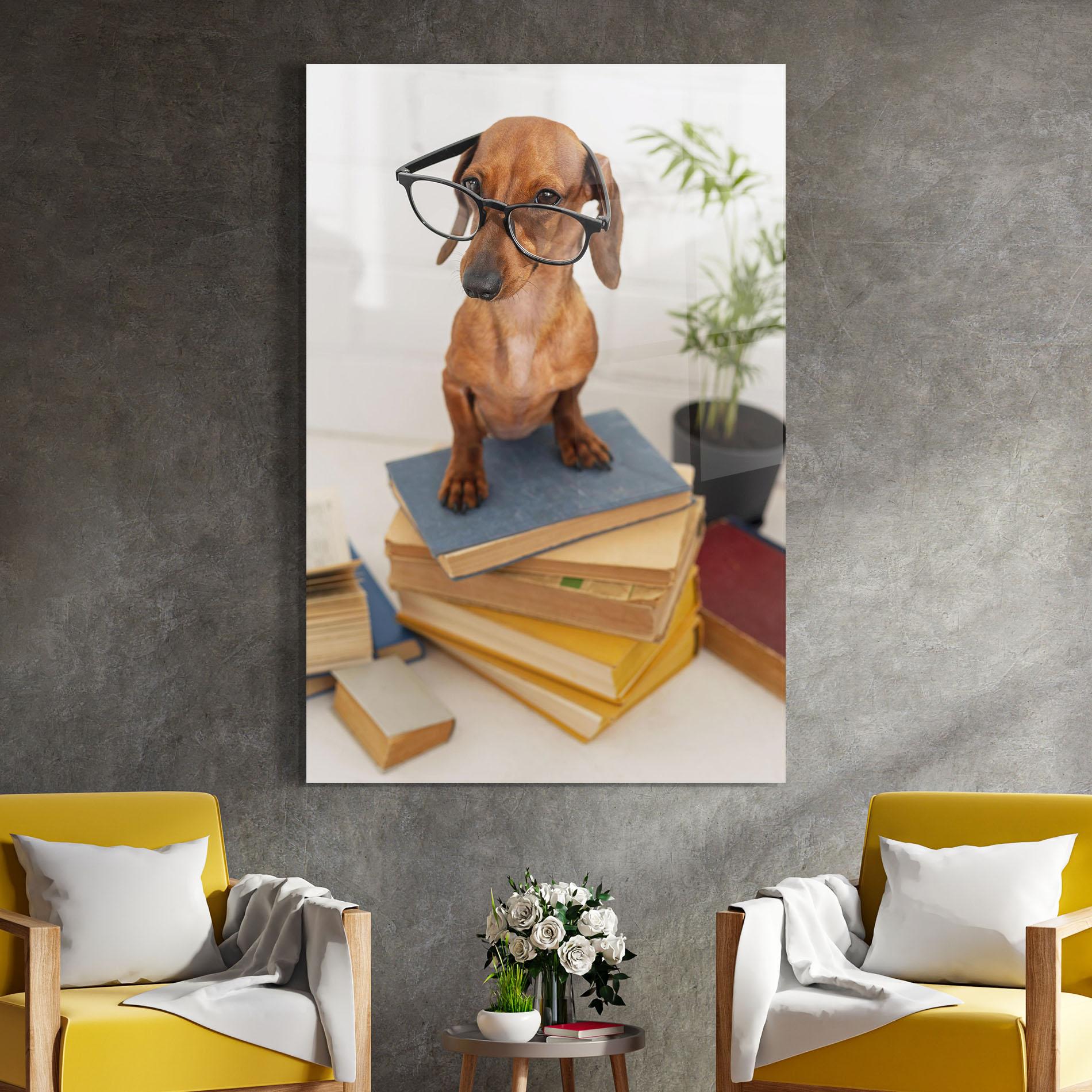 Tablou Sticla Books Cute Dog mockup 4