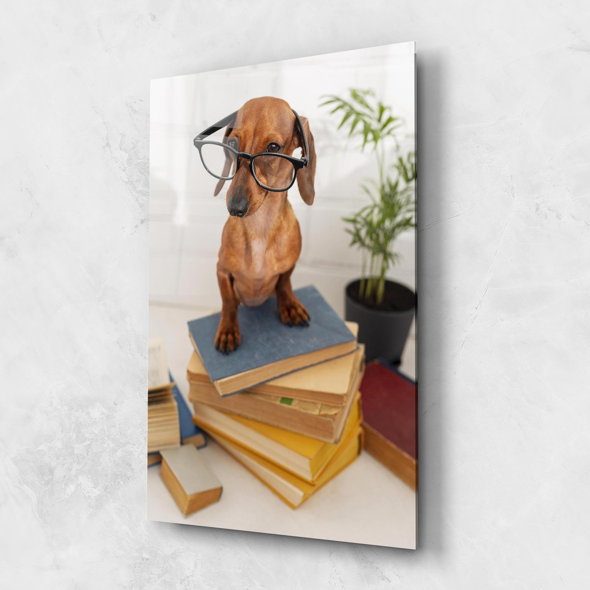 Tablou Sticla Books Cute Dog mockup 1