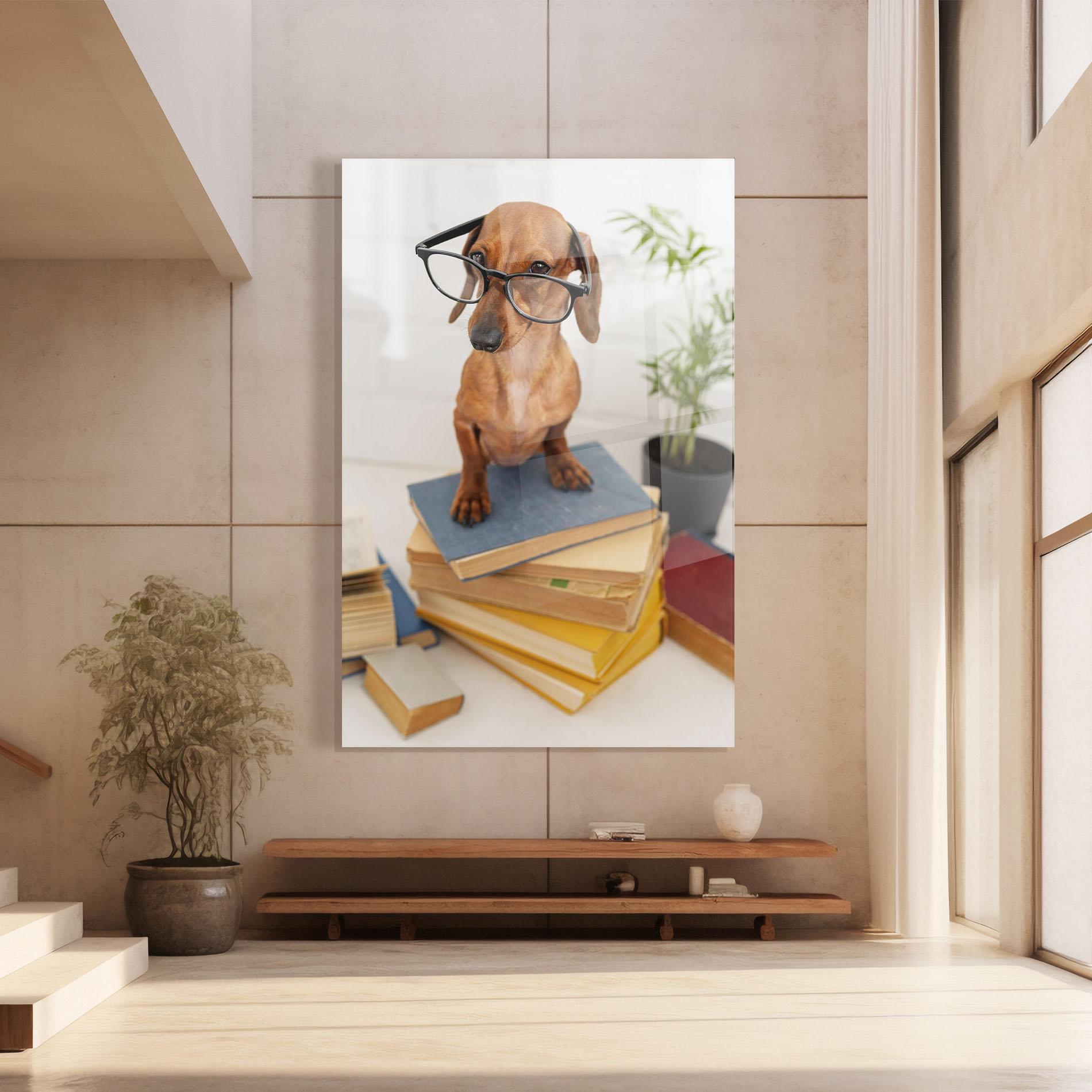 Tablou Sticla Books Cute Dog mockup 8