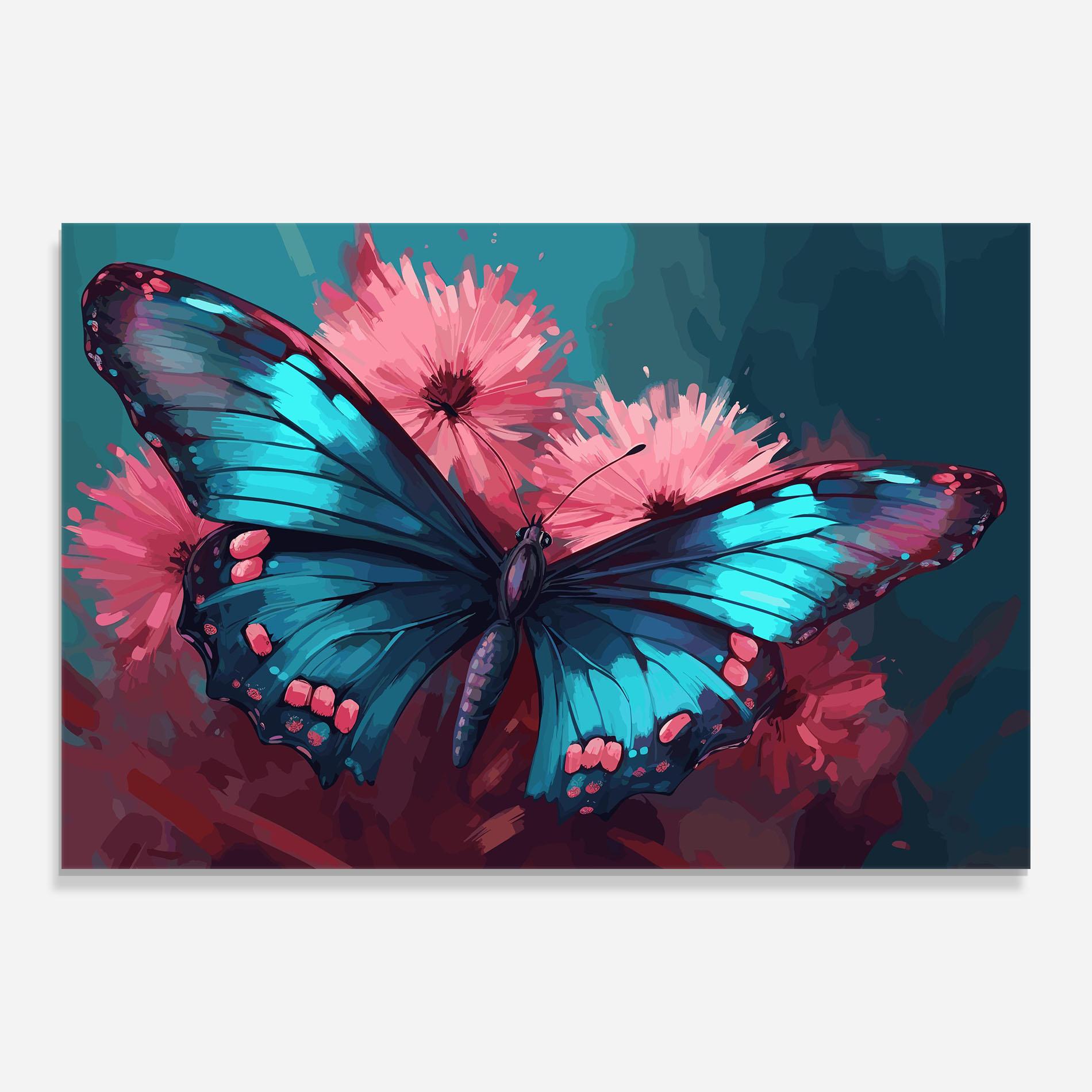 Tablou Sticla Blue Butterfly On Pink mockup 0