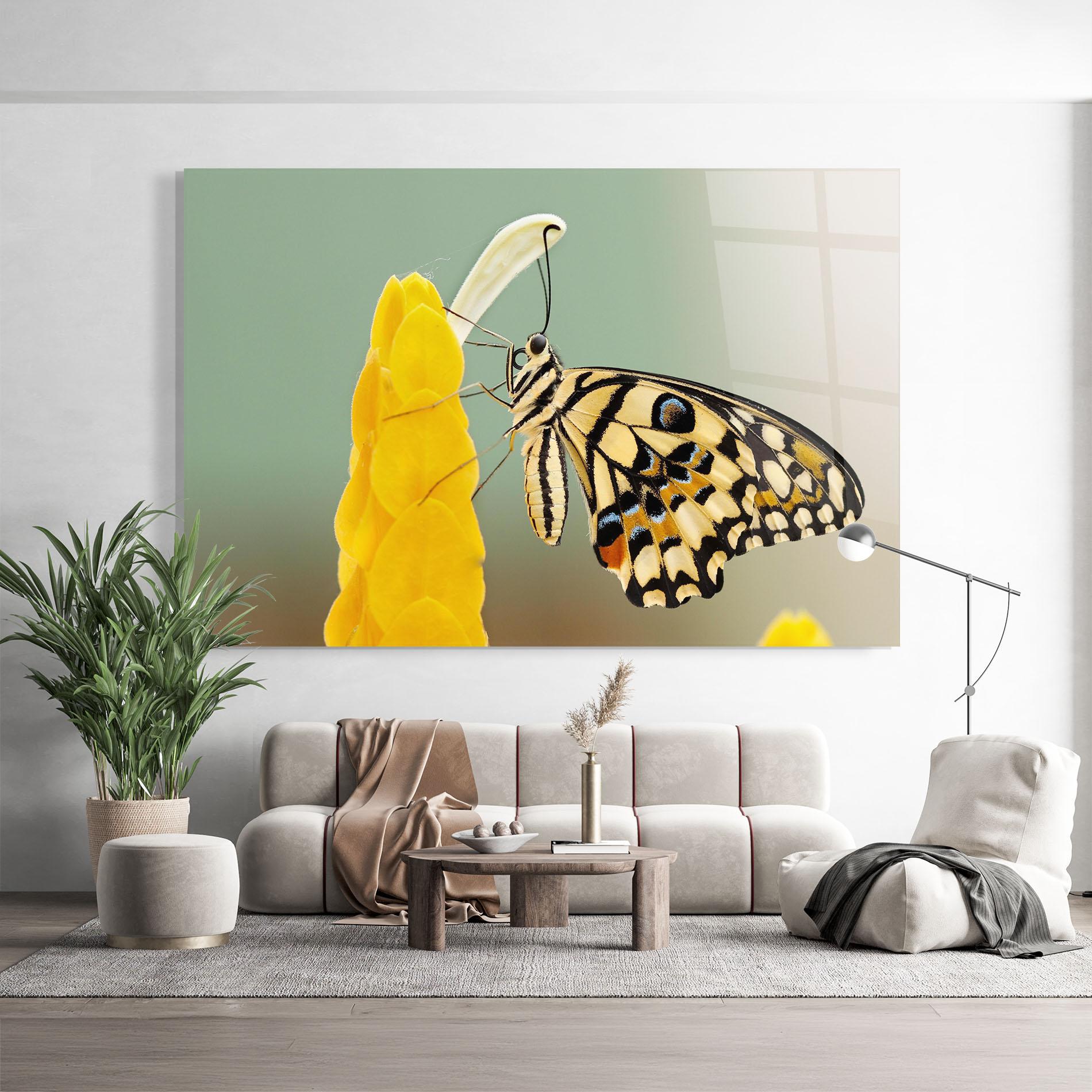 Tablou Sticla Cream Yellow Butterfly mockup 9