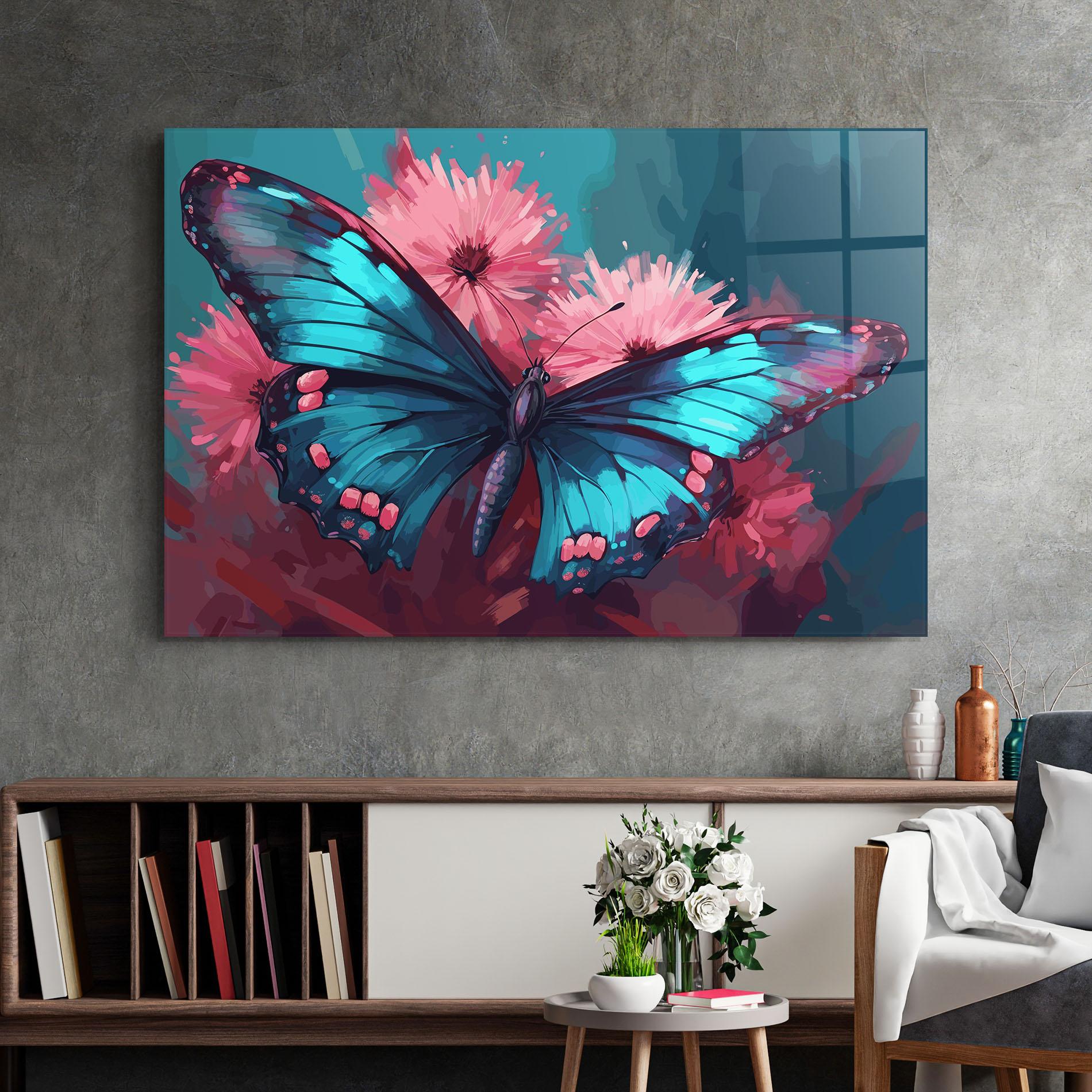Tablou Sticla Blue Butterfly On Pink mockup 2