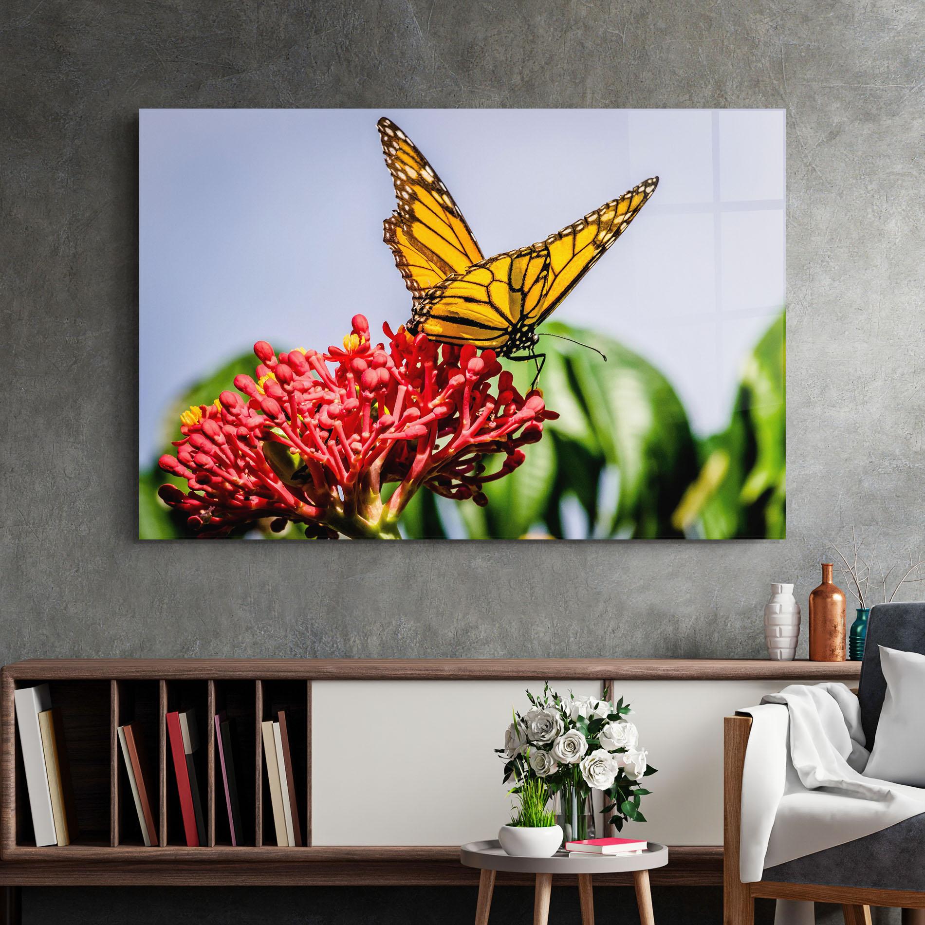 Tablou Sticla Butterfly On Red Flower mockup 2