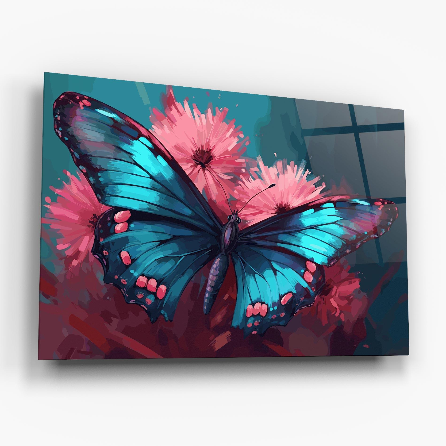 Tablou Sticla Blue Butterfly On Pink mockup 6