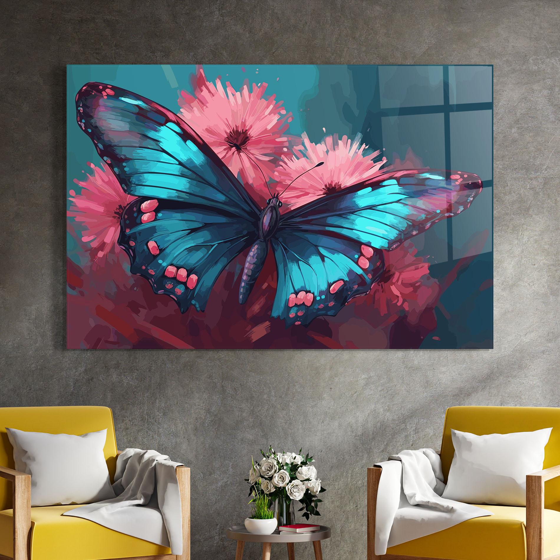 Tablou Sticla Blue Butterfly On Pink mockup 4