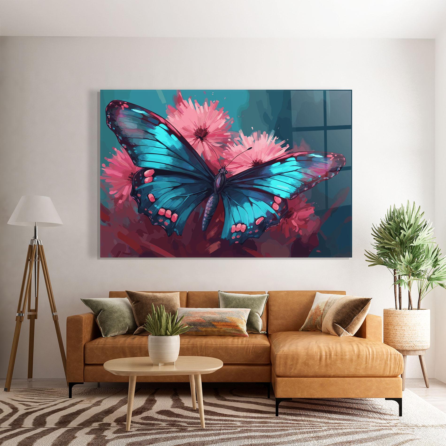 Tablou Sticla Blue Butterfly On Pink mockup 7