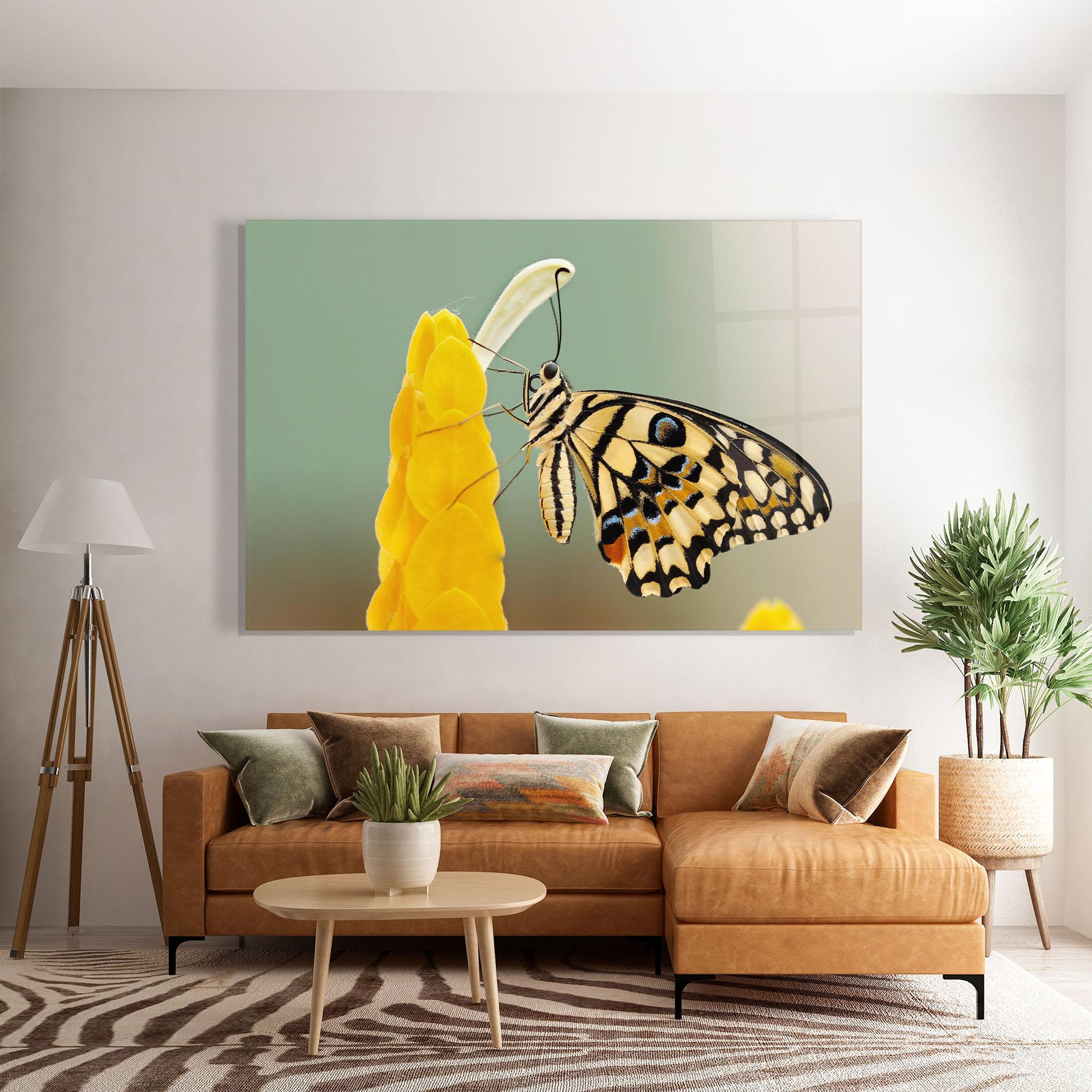 Tablou Sticla Cream Yellow Butterfly mockup 7