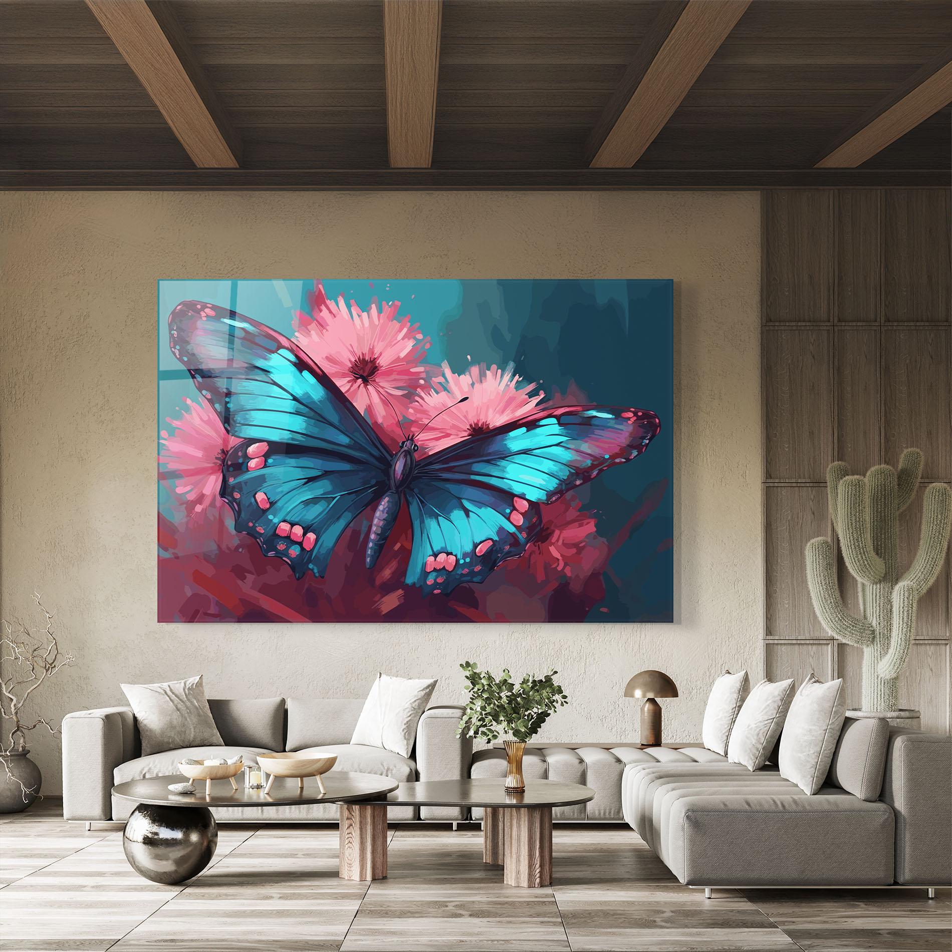 Tablou Sticla Blue Butterfly On Pink mockup 8