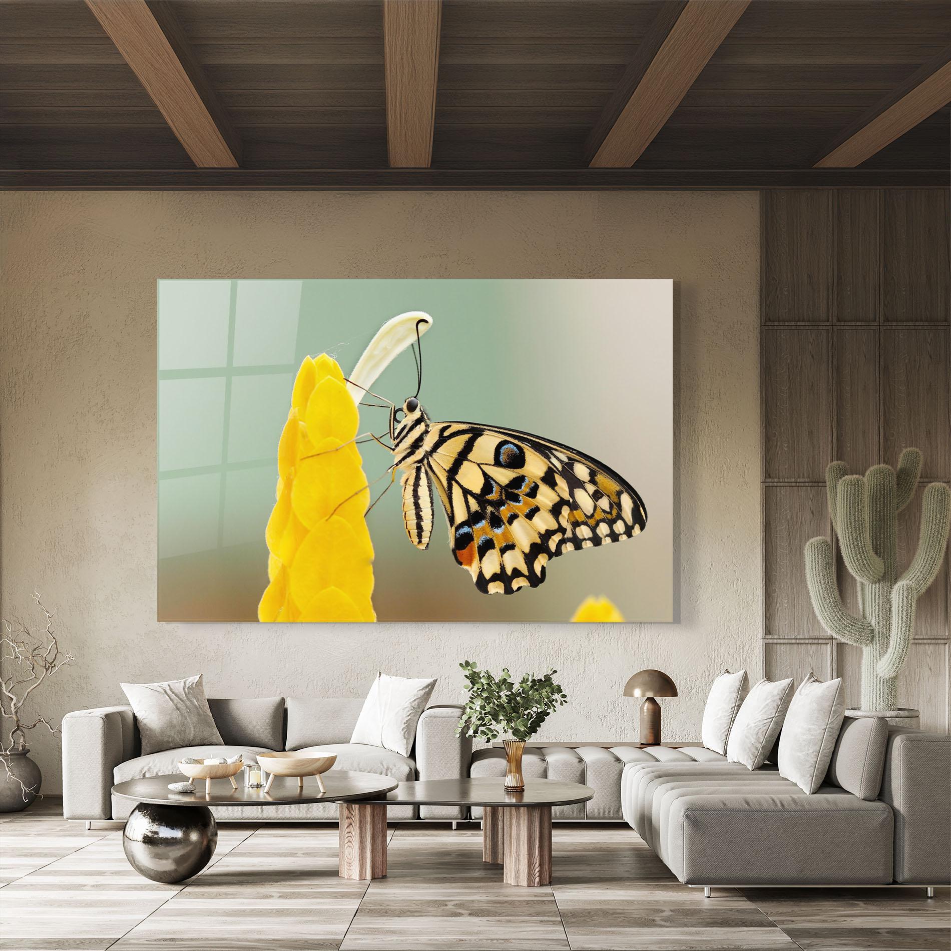 Tablou Sticla Cream Yellow Butterfly mockup 8