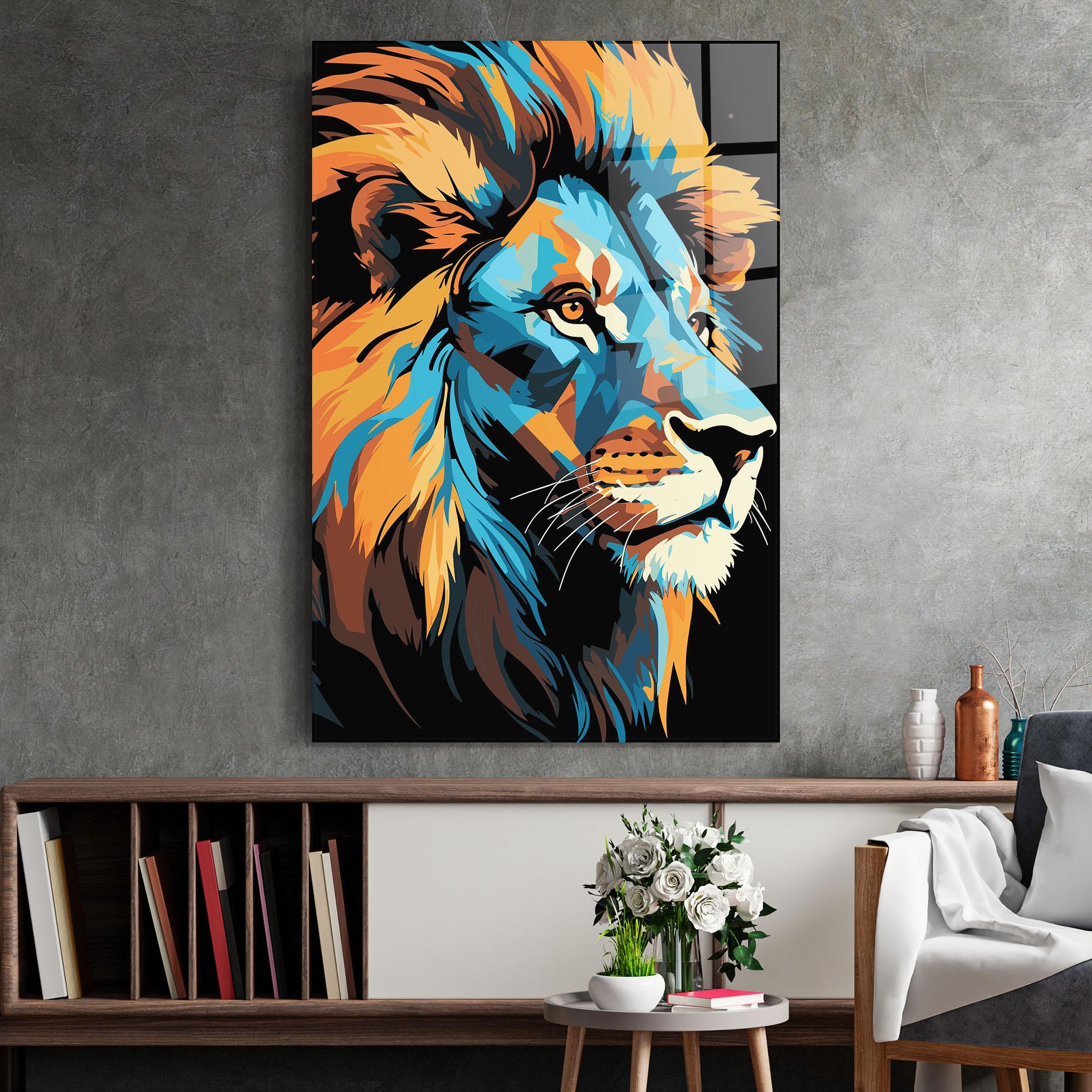 Tablou Sticla Blue Yellow Lion mockup 2