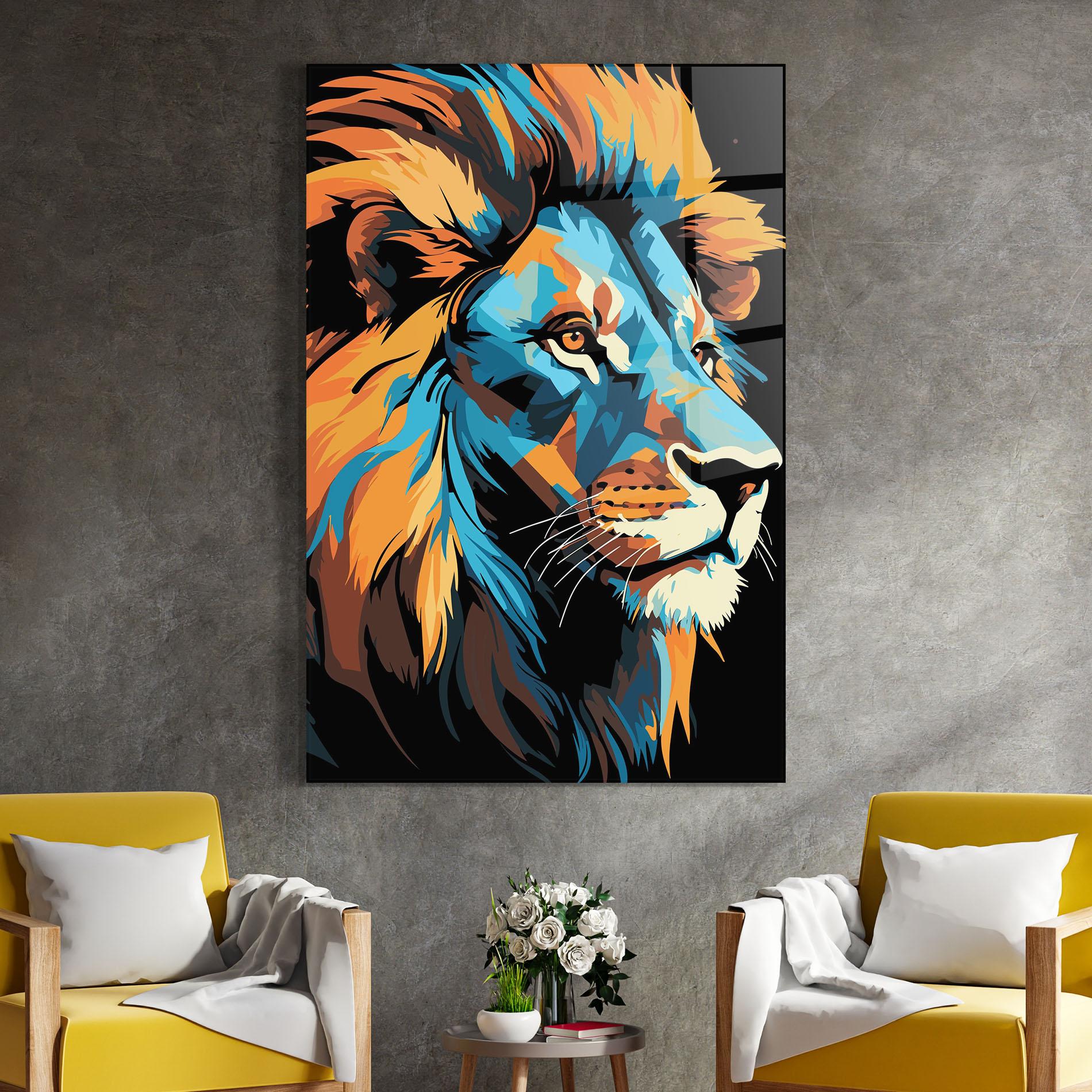Tablou Sticla Blue Yellow Lion mockup 4