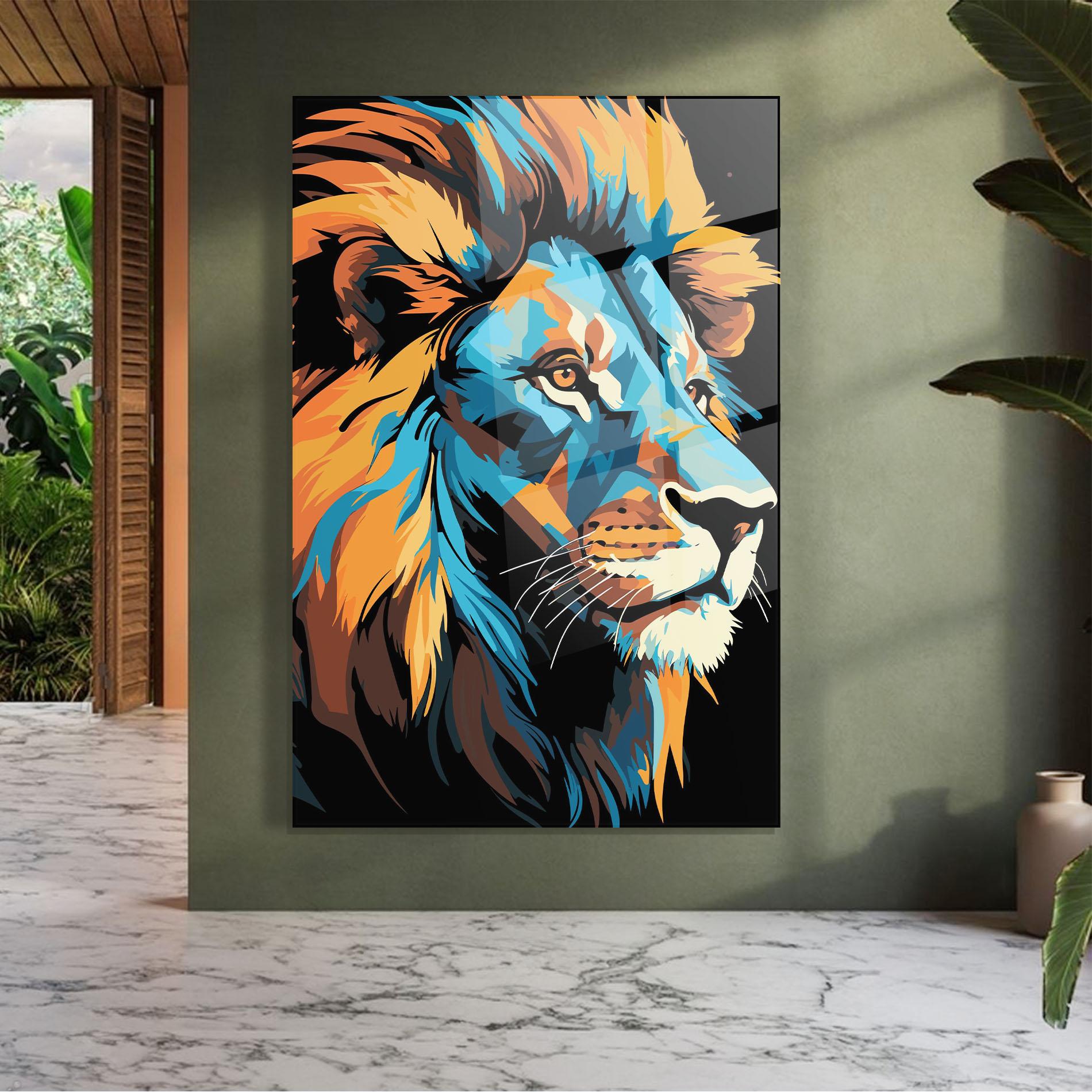 Tablou Sticla Blue Yellow Lion mockup 7