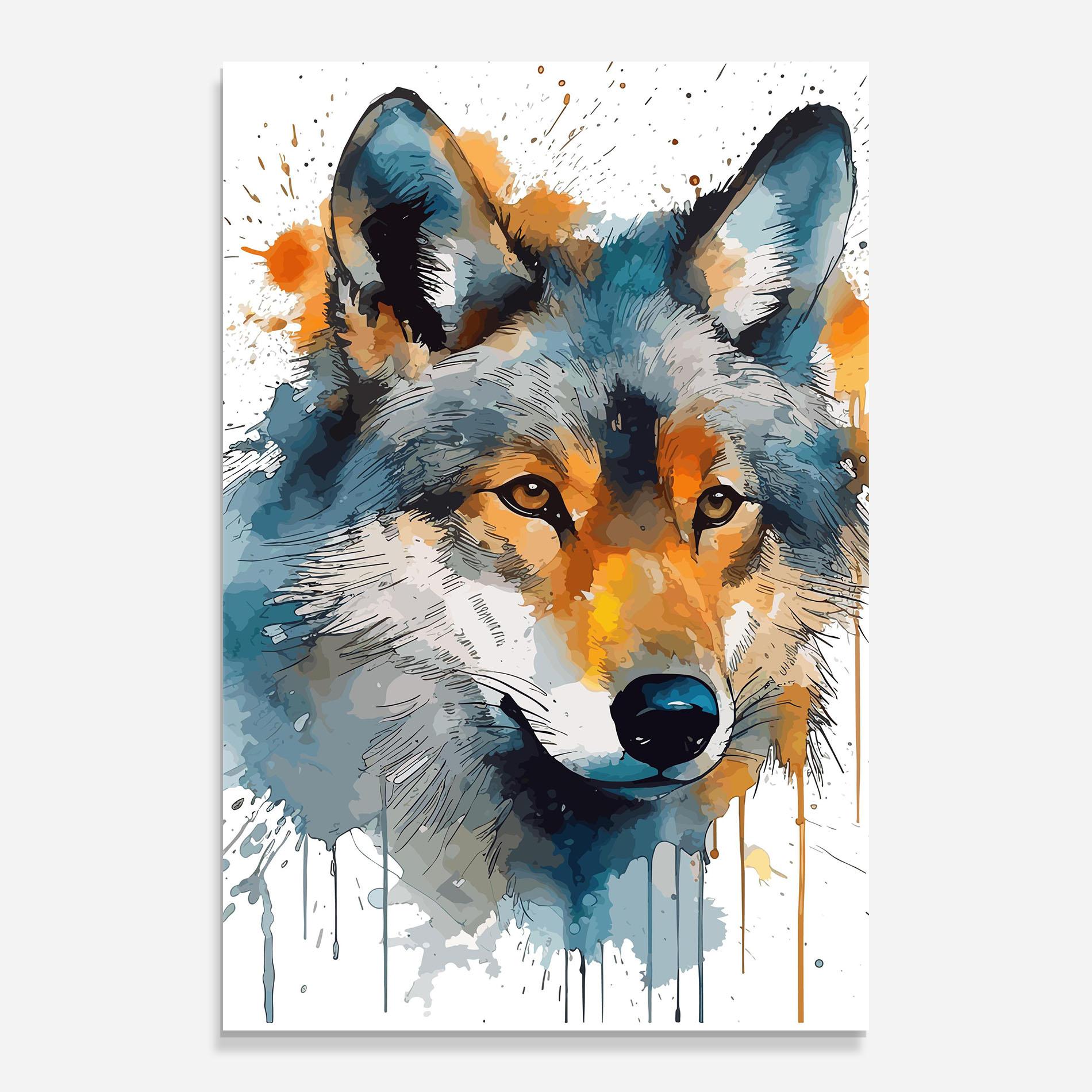 Tablou Sticla Orange Watercolor Wolf mockup 0